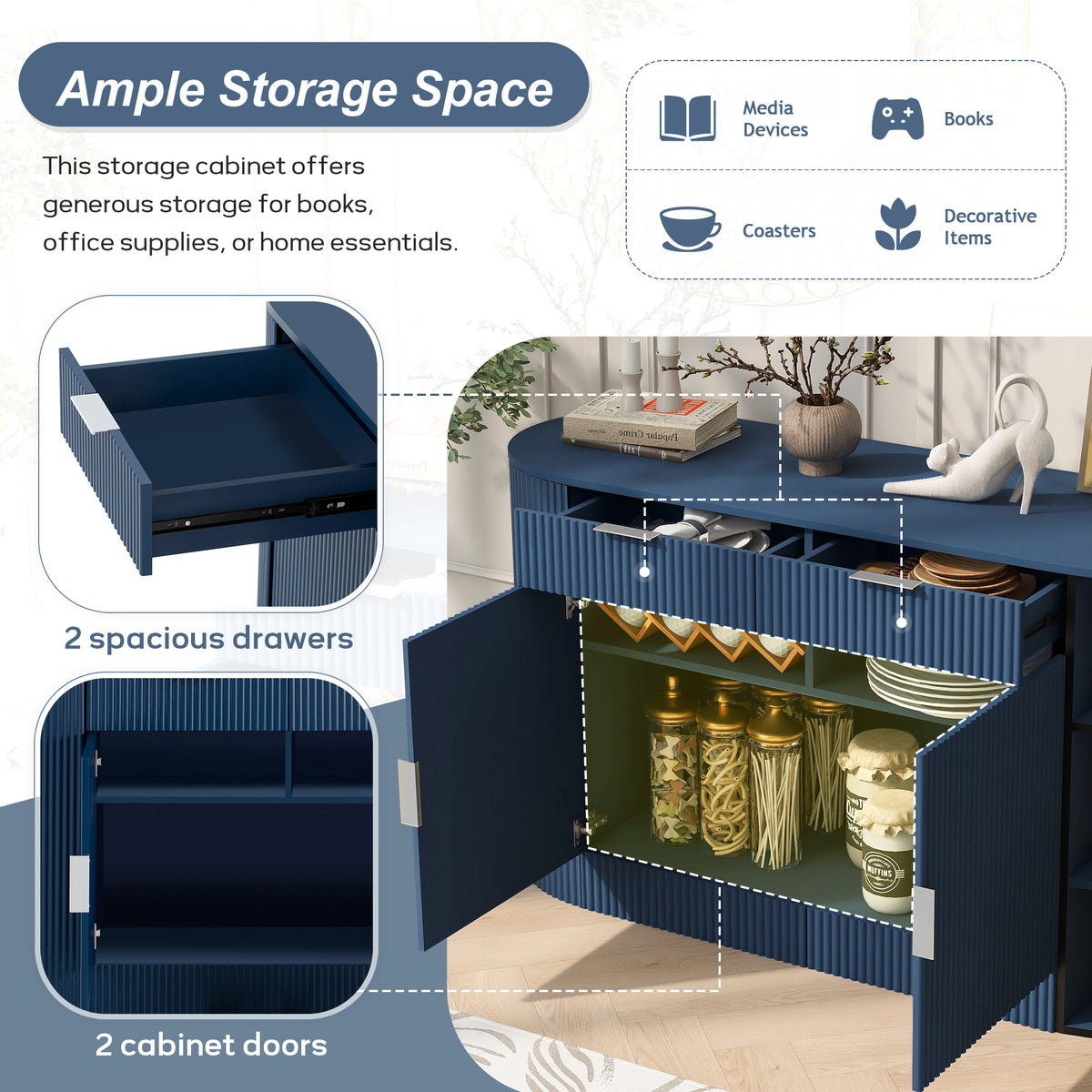 variant-group:rf-n711p345168v|Roomfitters 55.1" Oval Sideboard Buffet Cabinet with 2 Drawers & Wine Rack, Mid-century Modern Fluted Accent for Dining, Blue