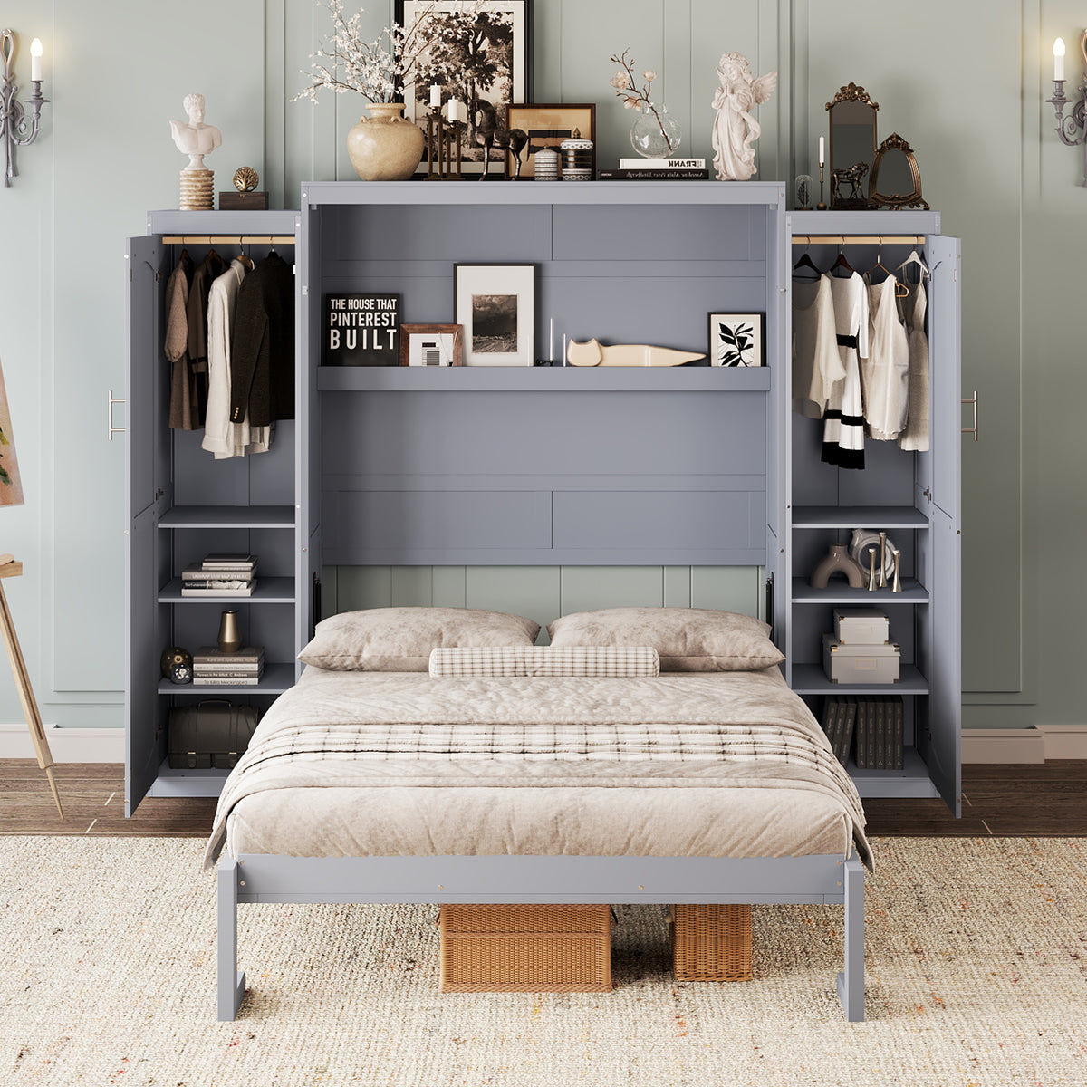 variant-group:rf-n733s235596e|Roomfitters Full Murphy Wall Bed with Two Wardrobes and Storage Shelf, Foldable Platform Bed Frame for Guest Room, Gray