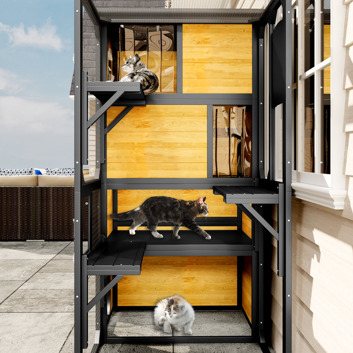 Roomfitters Large Outdoor Cat Catio Enclosure Weatherproof Attached to Window Multi-Tier Cat House Brown Roomfitters