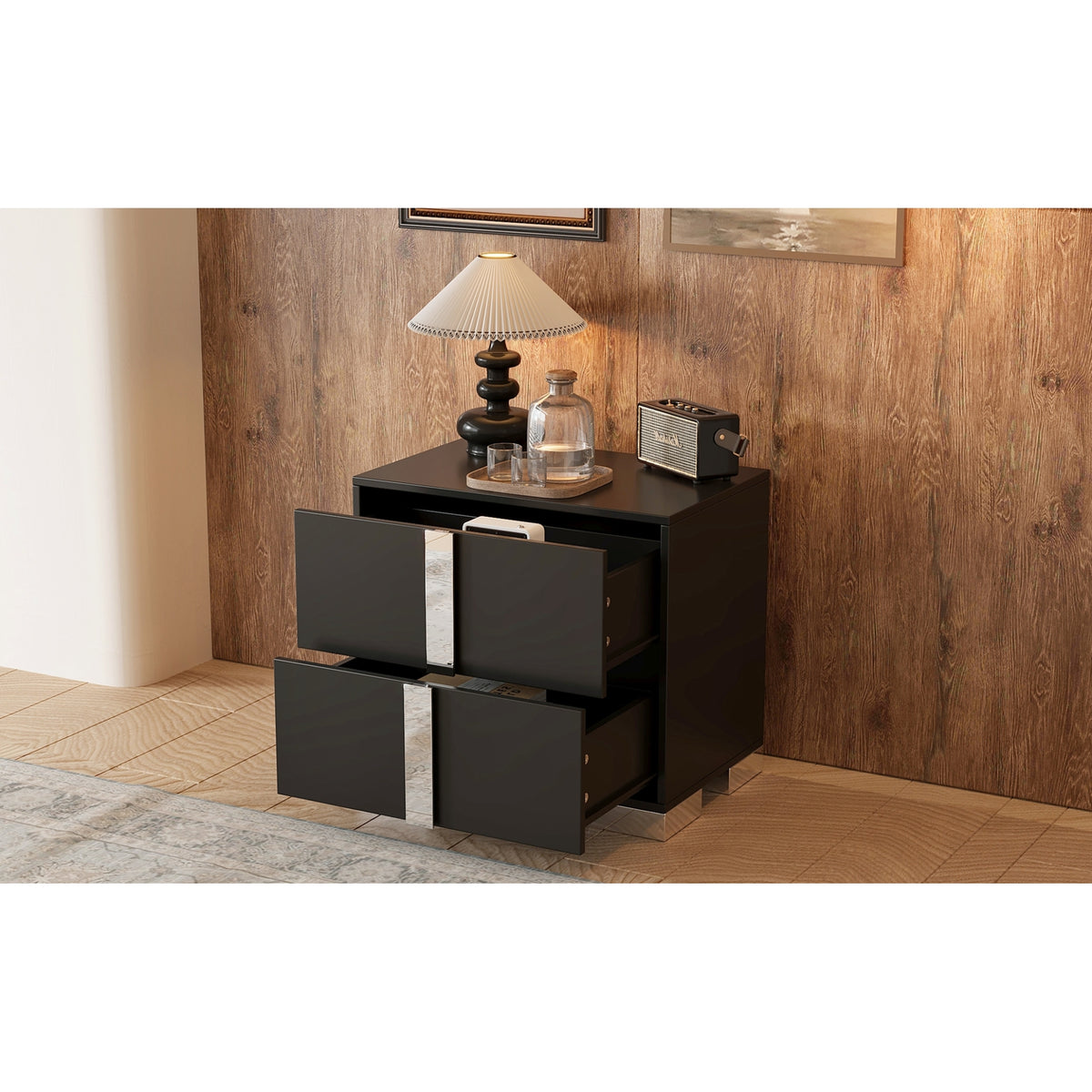 variant-group:rf-n733p307938b|Roomfitters Elegant Mirrored Nightstand with 2 Drawers and Metal Handle, Bedside Table for Bedroom or Living Room, Black