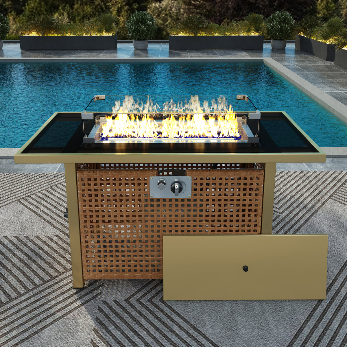 variant-group:rf-n707p210158z|Roomfitters 43" Propane Fire Pit Table, 60,000 BTU Rectangular Wicker Fire Pit with Glass Wind Guard for Patio, Natural