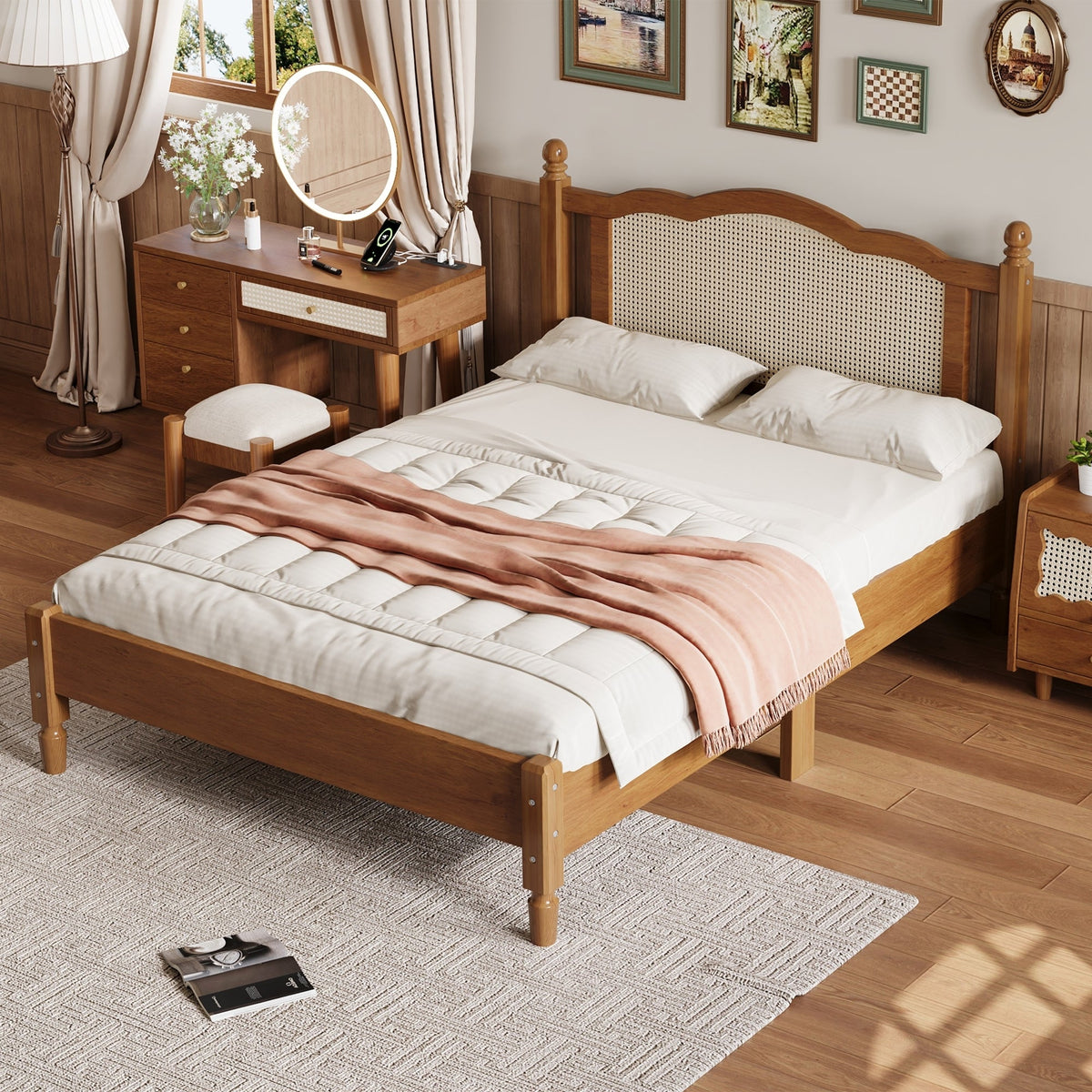 Roomfitters Full Size Wooden Platform Bed with Natural Rattan Headboard, Durable Vintage Bed Frame with Sturdy Wooden Slat Support for Rustic Sophistication, Walnut