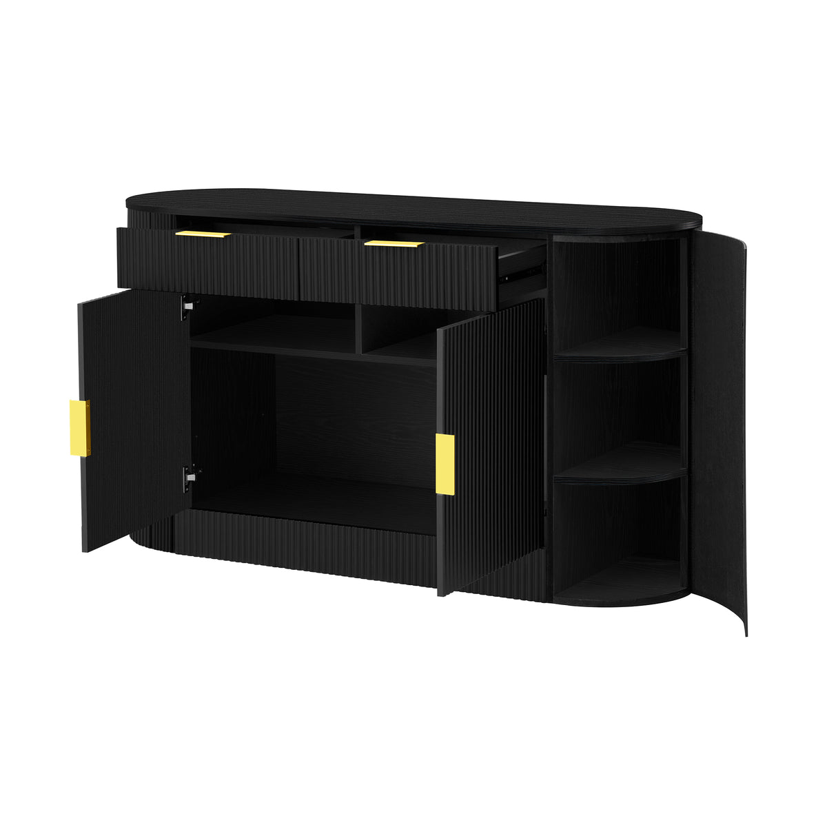 variant-group:rf-n711p345168b|Roomfitters 55.1" Oval Sideboard Buffet Cabinet with 2 Drawers & Wine Rack, Mid-century Modern Fluted Accent for Dining, Black