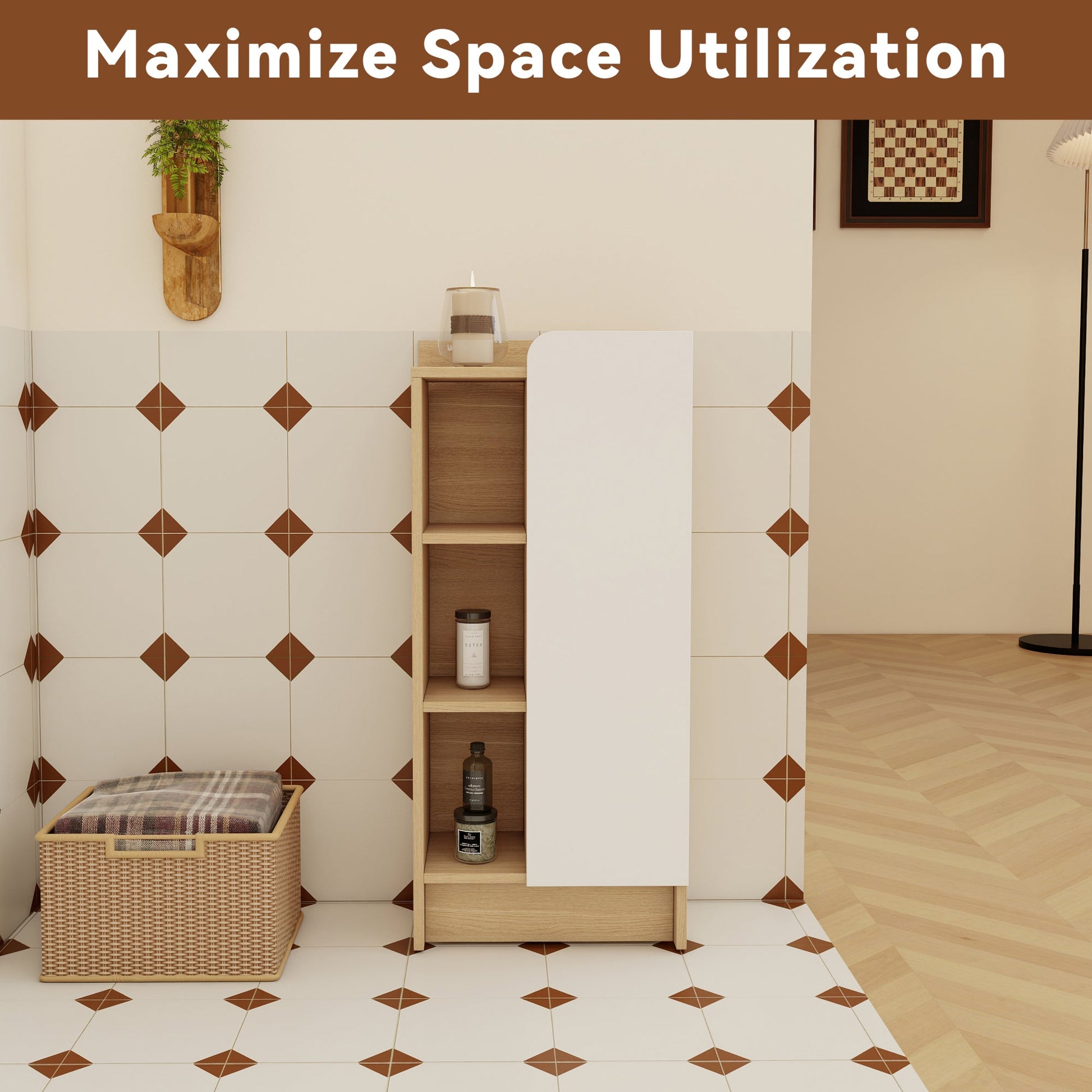 16" Medium Light Oak Freestanding Bathroom Side Cabinet, Narrow Storage Cabinet with Single Door & 3-Tier Open Shelves, KD (Ready-to-Assemble), Dual-Color Door Panels (White & Black), Plywood Construc Roomfitters