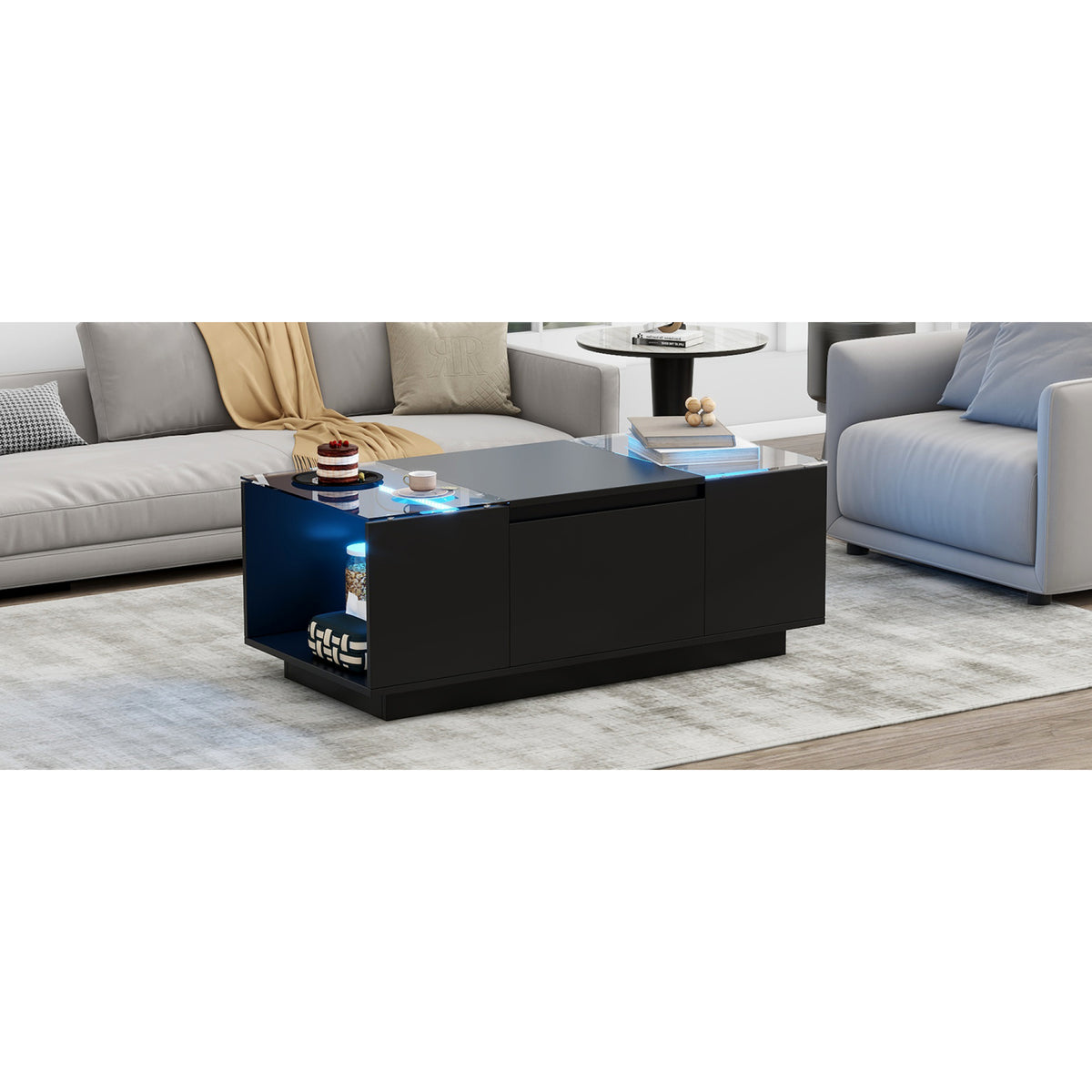 variant-group:rf-n724p290056b|Roomfitters Modern Center Coffee Table with High Gloss Finish, Glass Top and Hidden Storage Compartments, Black