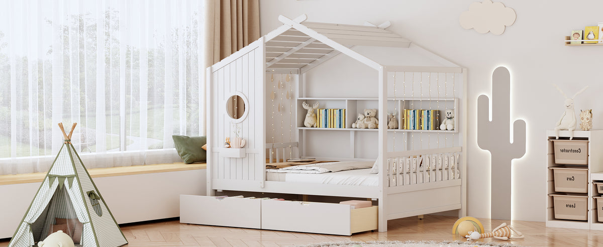 variant-group:rf-n733s308487k|Roomfitters Wooden Full Size House Bed with 2 Drawers and Storage Shelf, White
