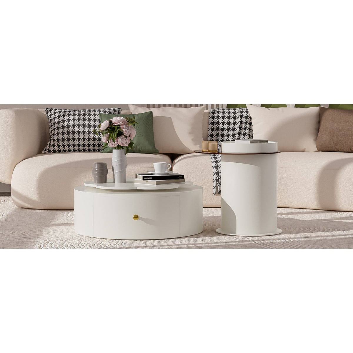 Roomfitters Rotatable Round Coffee Table Set of 2 with Flower-Shaped Top and Glass End Table, Off White Roomfitters