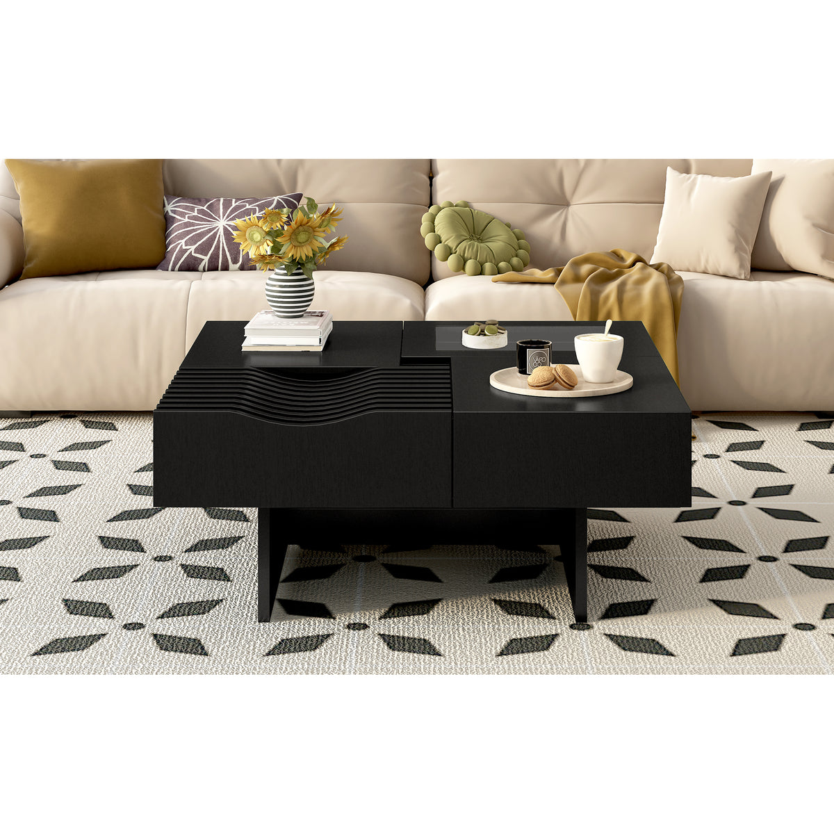 variant-group:rf-n724p270432b|Roomfitters Square Mid-Century Coffee Table with Glass Top and 3 Storage Compartments, Solid Wood Legs, Black