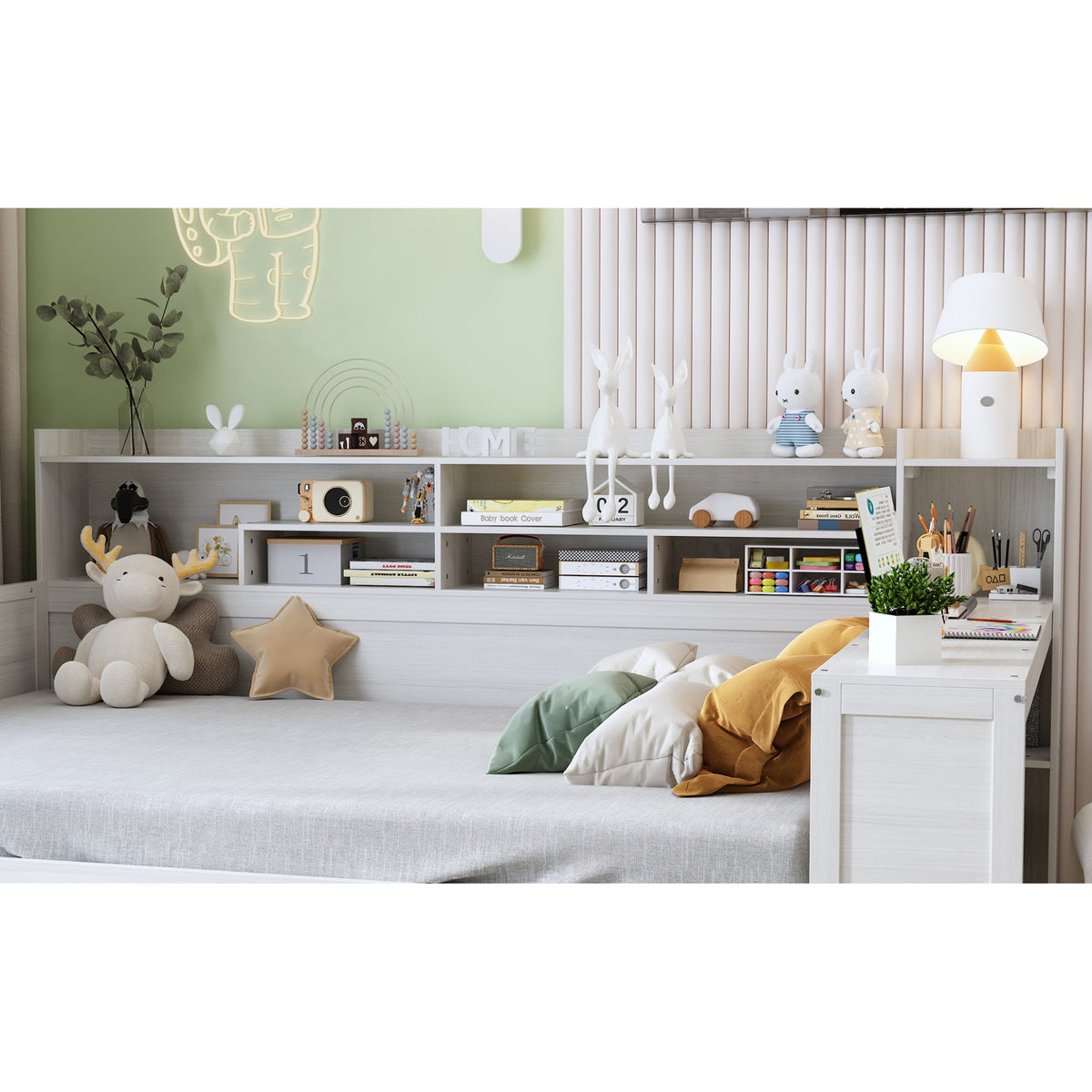 Roomfitters Full Daybed with Storage Shelves, Multi-Functional Bed with Drawers and Study Desk, Antique White