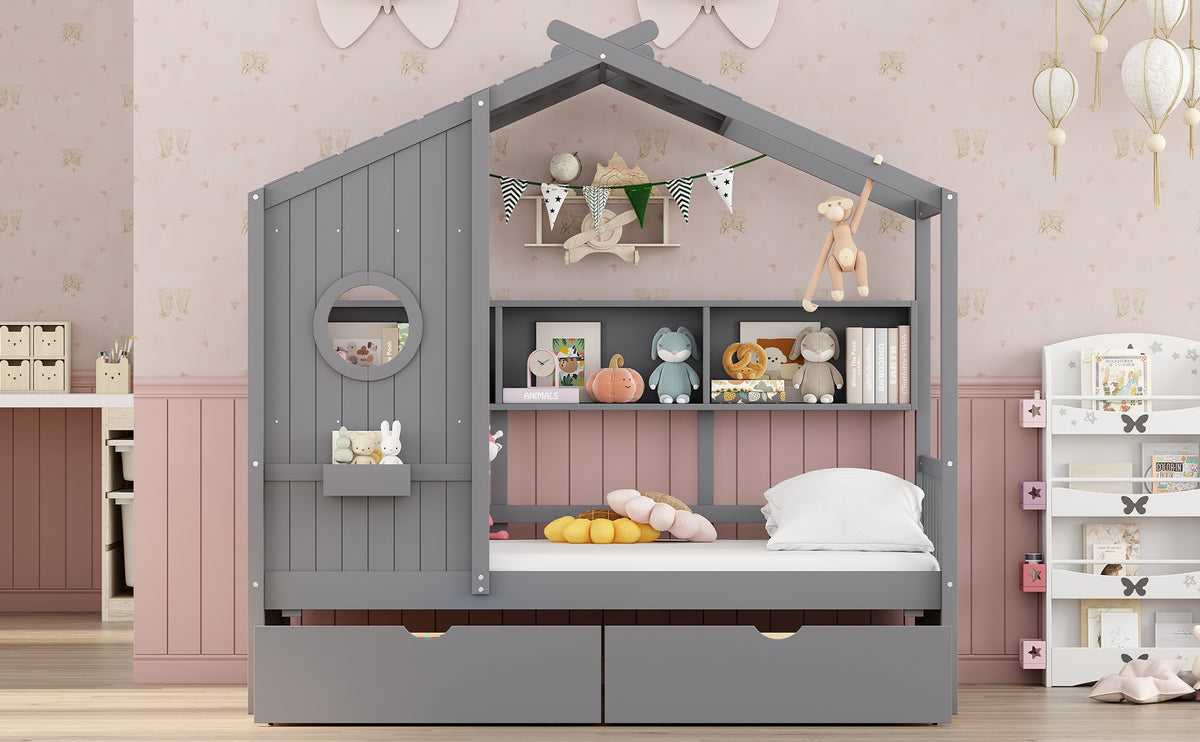 variant-group:rf-n733s308483e|Roomfitters Wooden Twin Size House Bed with 2 Drawers and Storage Shelf, Gray