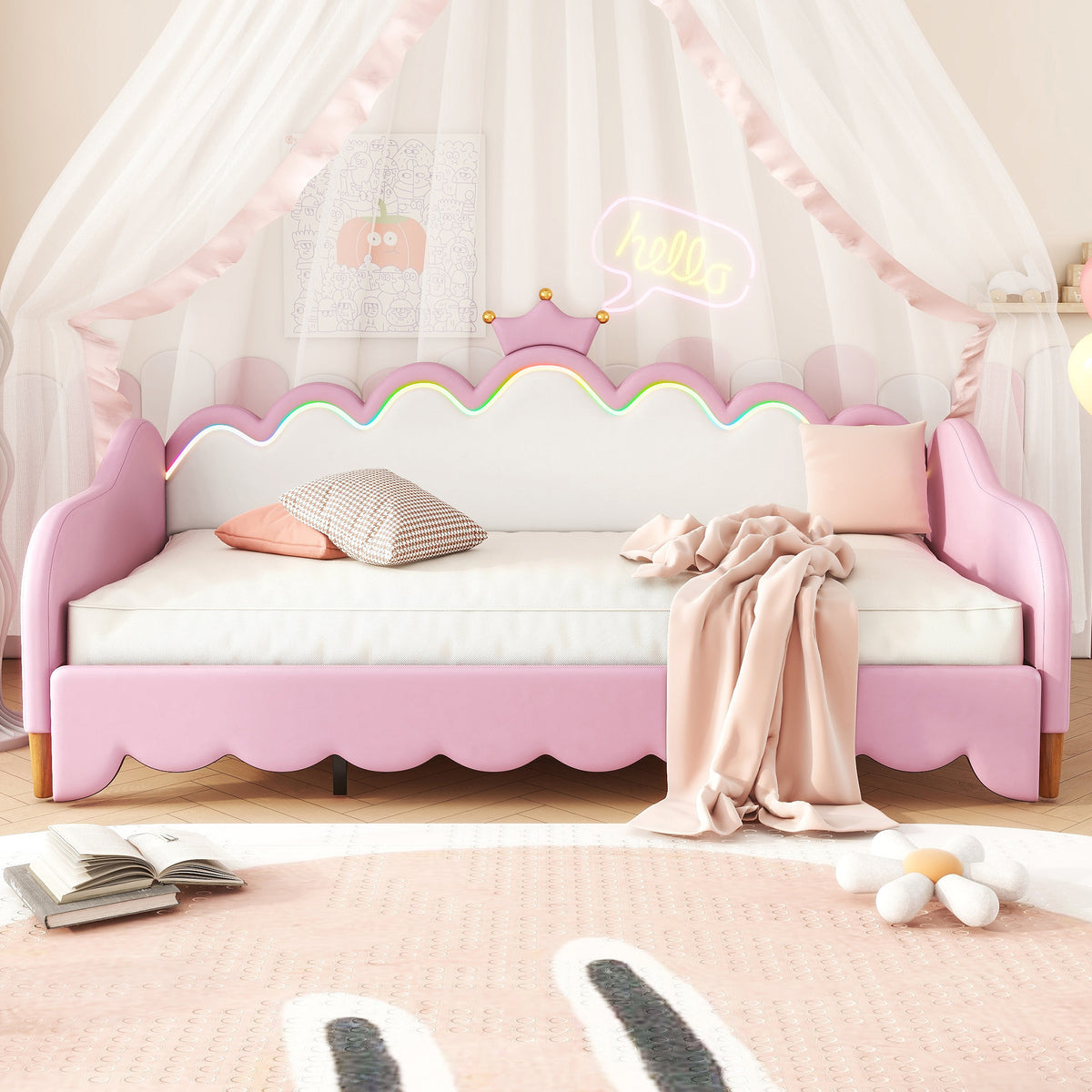 variant-group:rf-n733hl000104aah|Roomfitters Twin Extending Daybed with Lights, Modern Upholstered Princess Daybed Featuring Crown Headboard, Elegant and Practical Design, Pink