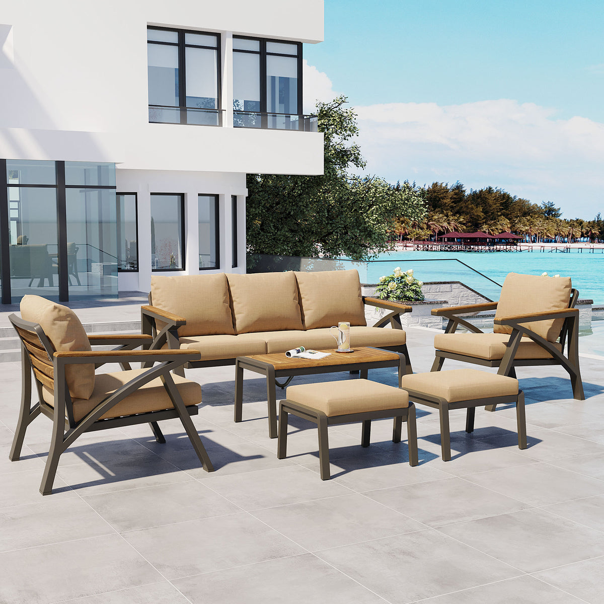 variant-group:rf-n704g201256d|Roomfitters 6-Piece Steel Conversation Set with 3-Seat Sofa Multi-Functional Ottomans and Acacia Wood Table Brown