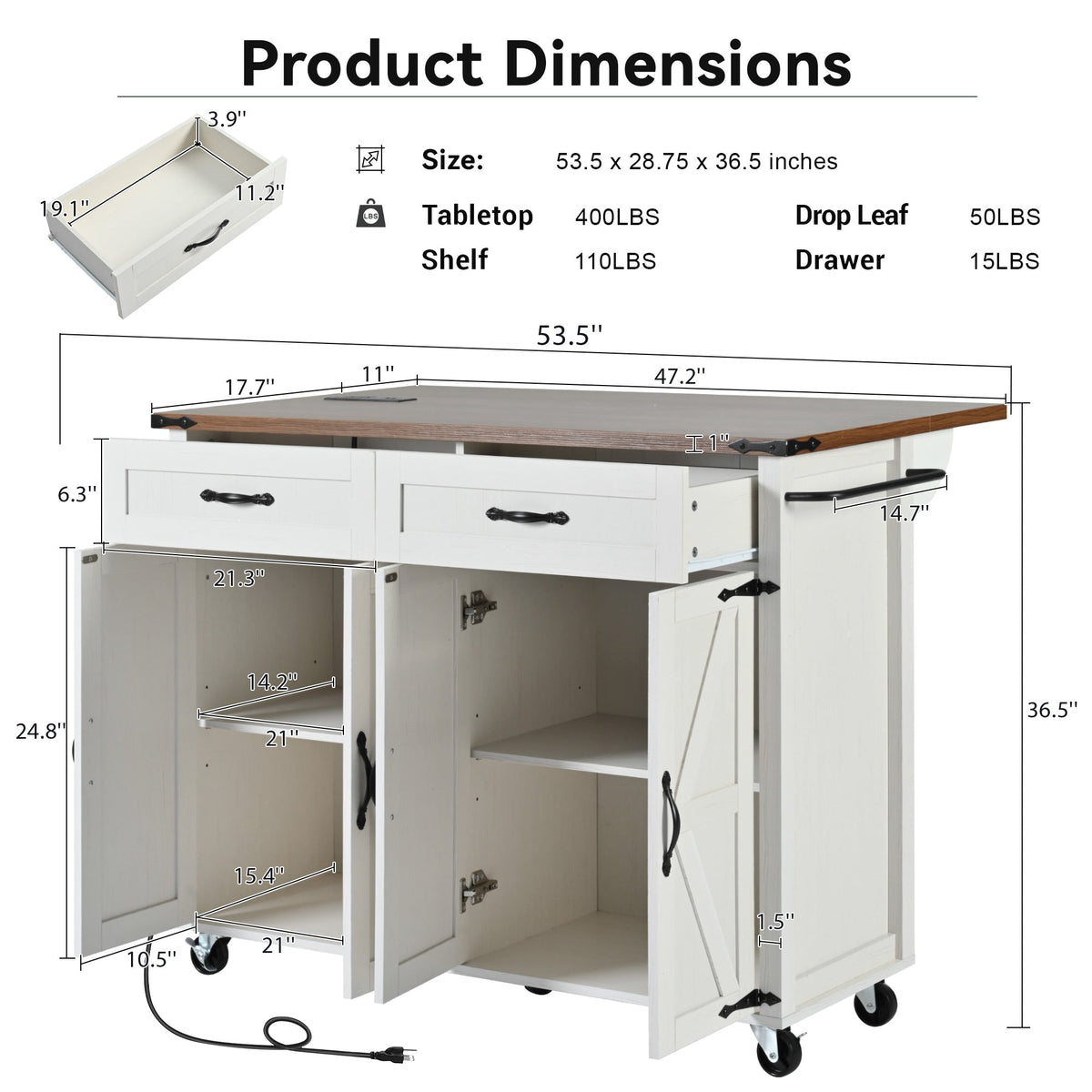 Roomfitters 53.5" Kitchen Island with Power Outlet and Drop Leaf, Rolling Storage Cabinet with Spice Rack, Modern Style, White