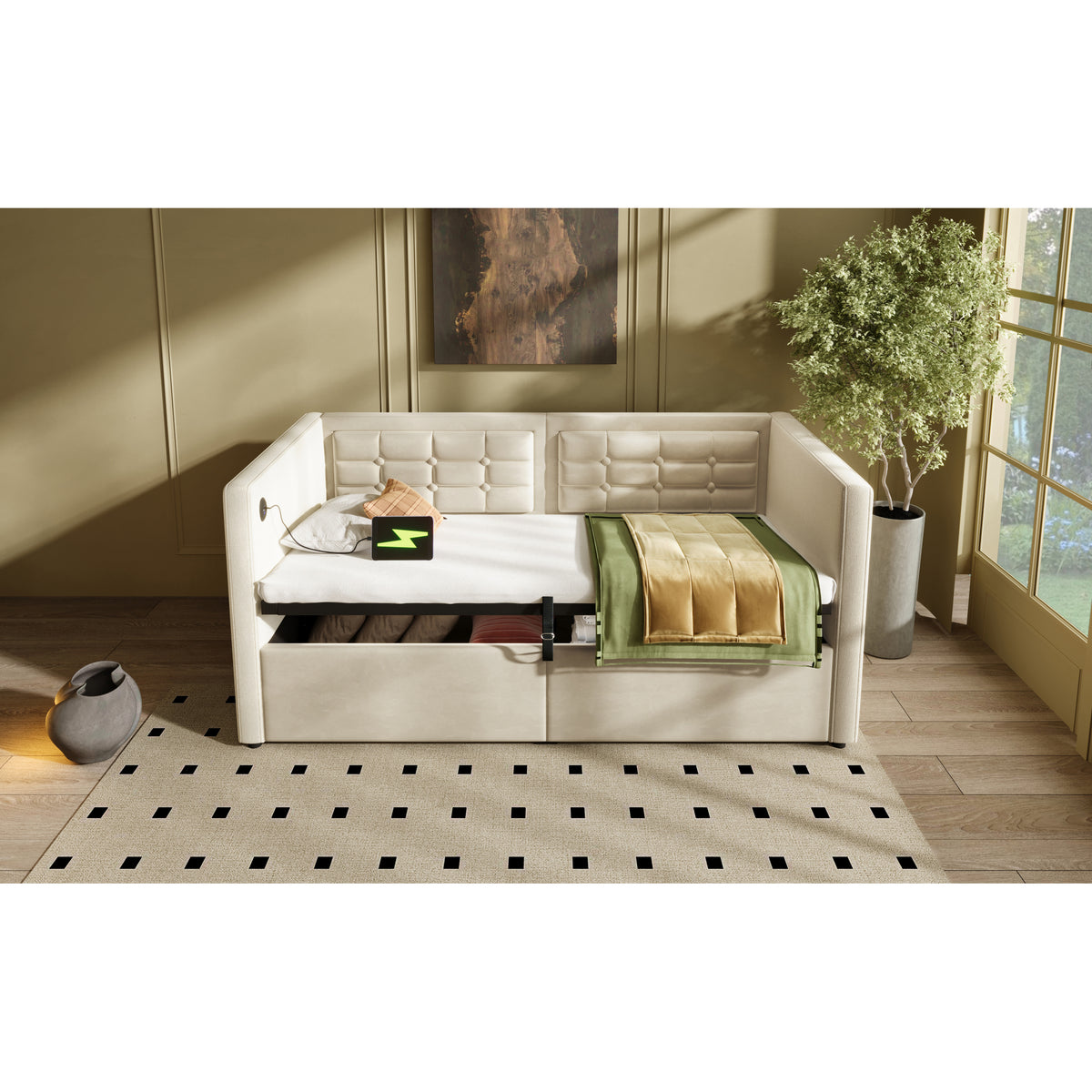 variant-group:rf-n736p303402b|Roomfitters Upholstered Twin Size Daybed with Storage, USB & Type-C Charging, Tufted Sofa Back, Velvet Beige