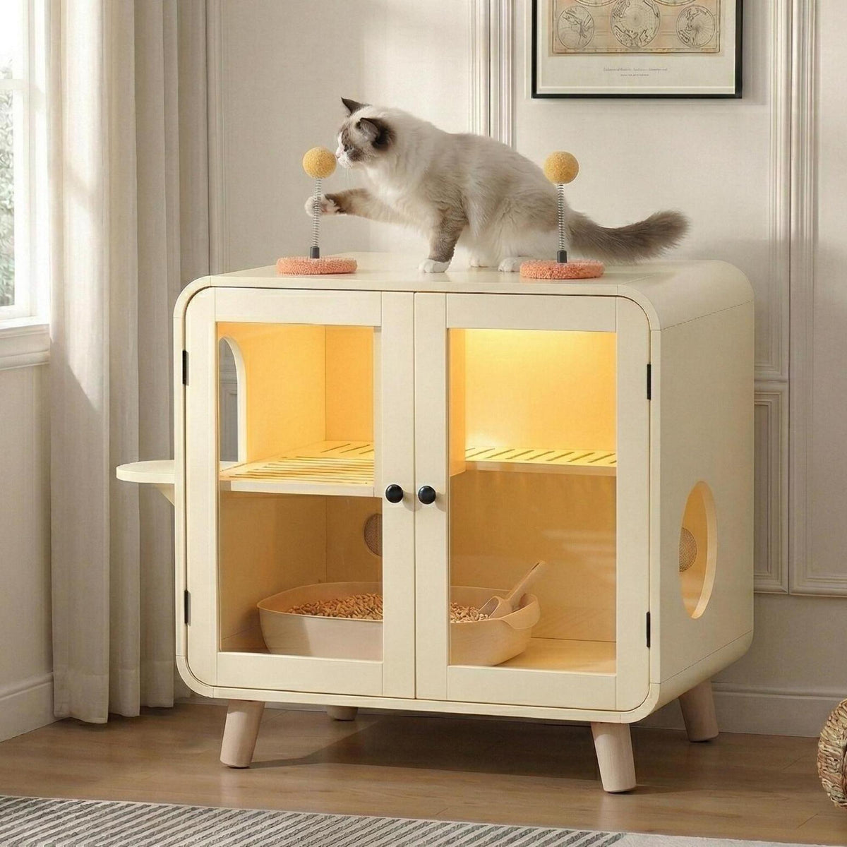 variant-group:rf-n704p419240a|Roomfitters Retro TV-Style Hidden Cat Litter Box Enclosure with App Controlled RGB LED Lights and Stairs Beige