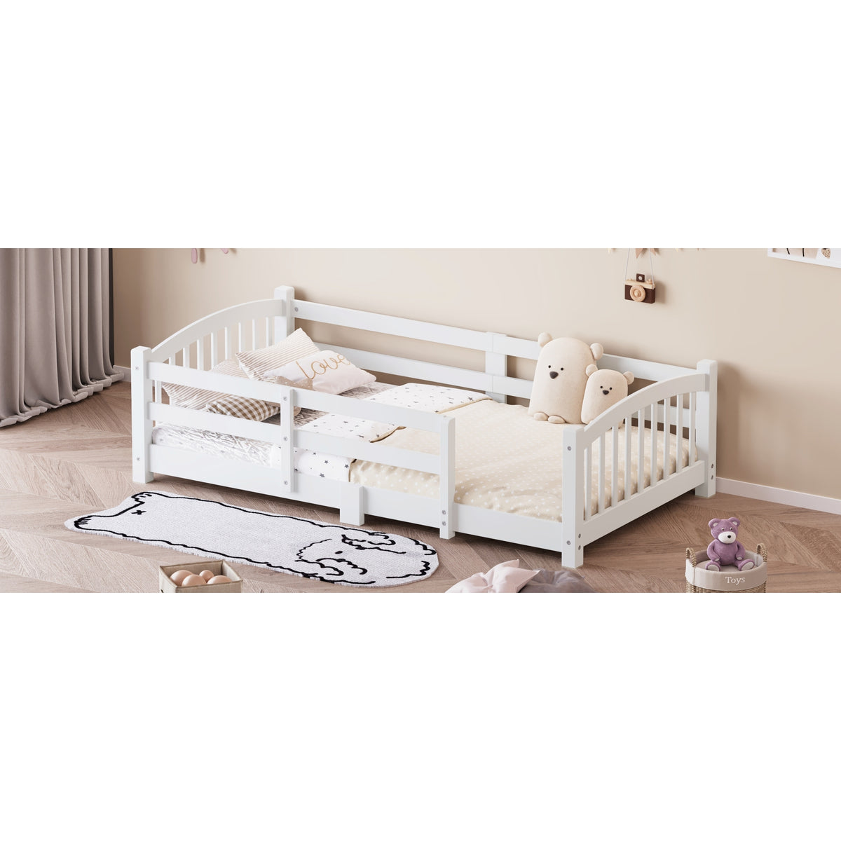 variant-group:rf-n733p400298k|Roomfitters Twin Montessori Floor Bed with Guardrails, Solid Wood Low Platform Bed with Slats, Easy Assembly, White