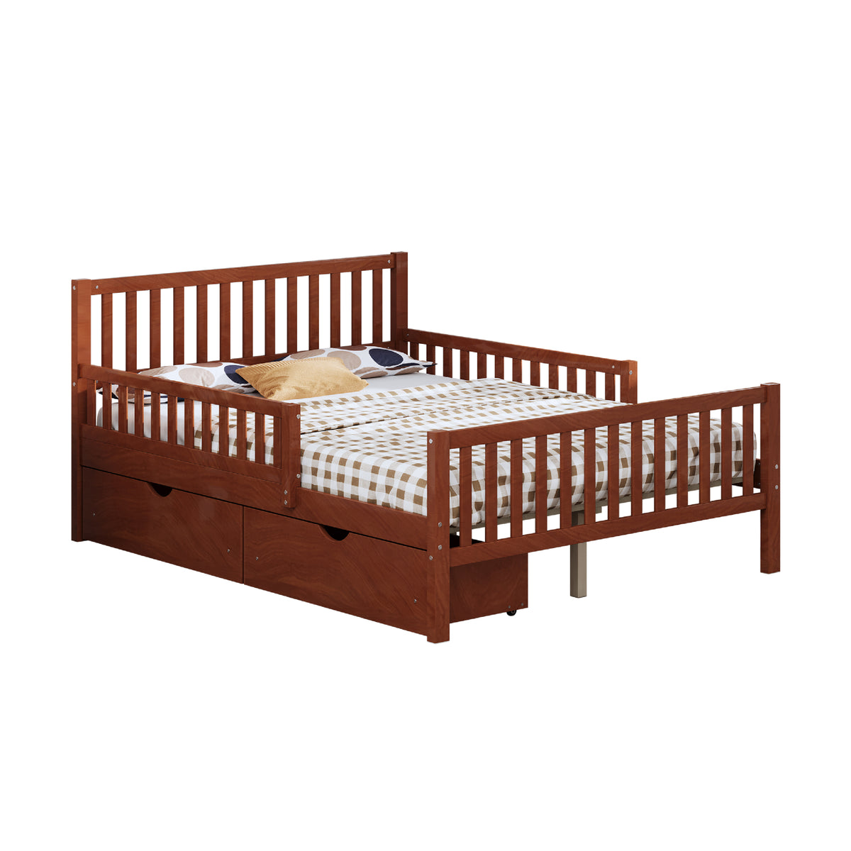 variant-group:rf-n733p172700d|Roomfitters Full Size Wood Platform Bed with Guardrails and 2 Storage Drawers, Walnut