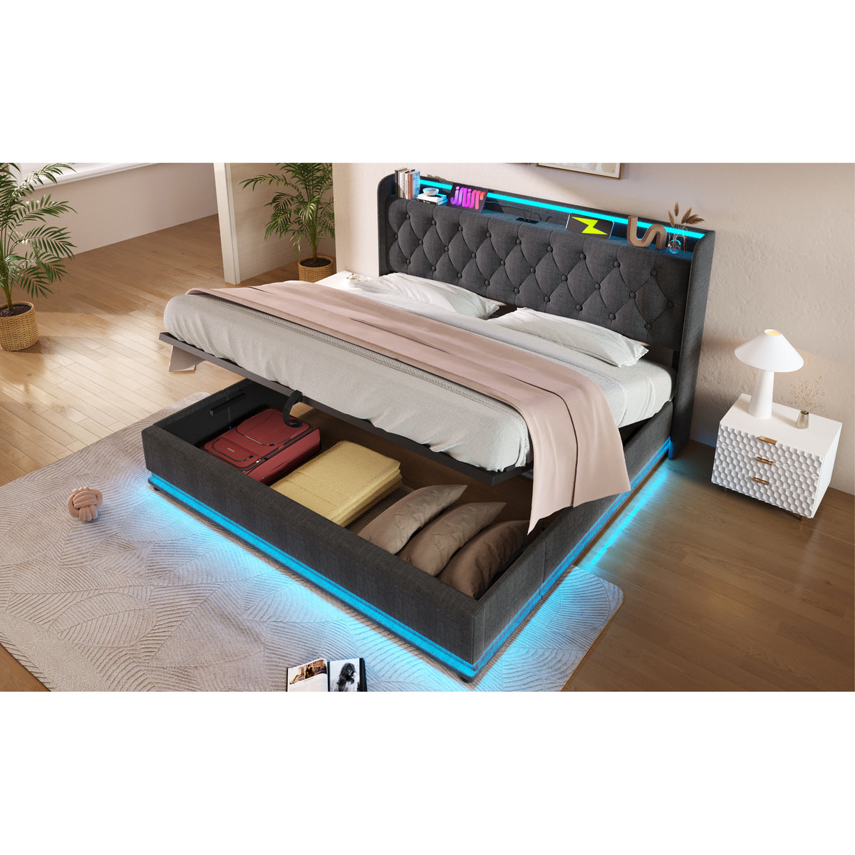 variant-group:rf-n736p188806g|Roomfitters Full Size Upholstered Storage Bed with USB Type-C Charging and Remote Control, Linen Gray