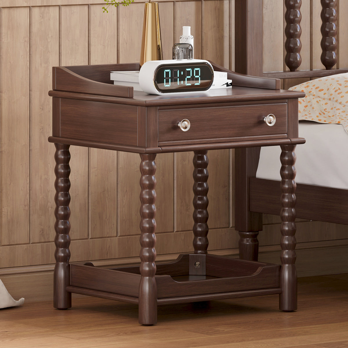 variant-group:rf-n733p206240d|Roomfitters Retro Style Bedside Table with Storage and Open Shelf, Turned Legs, and Metal Handle, Walnut