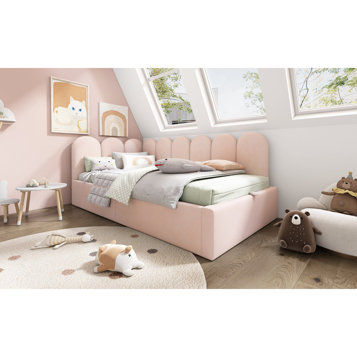 variant-group:rf-n736p333613p|Roomfitters Upholstered Twin Size Ottoman Daybed with Storage, Sofa Bed with Metal Slat Frame, Velvet Pink