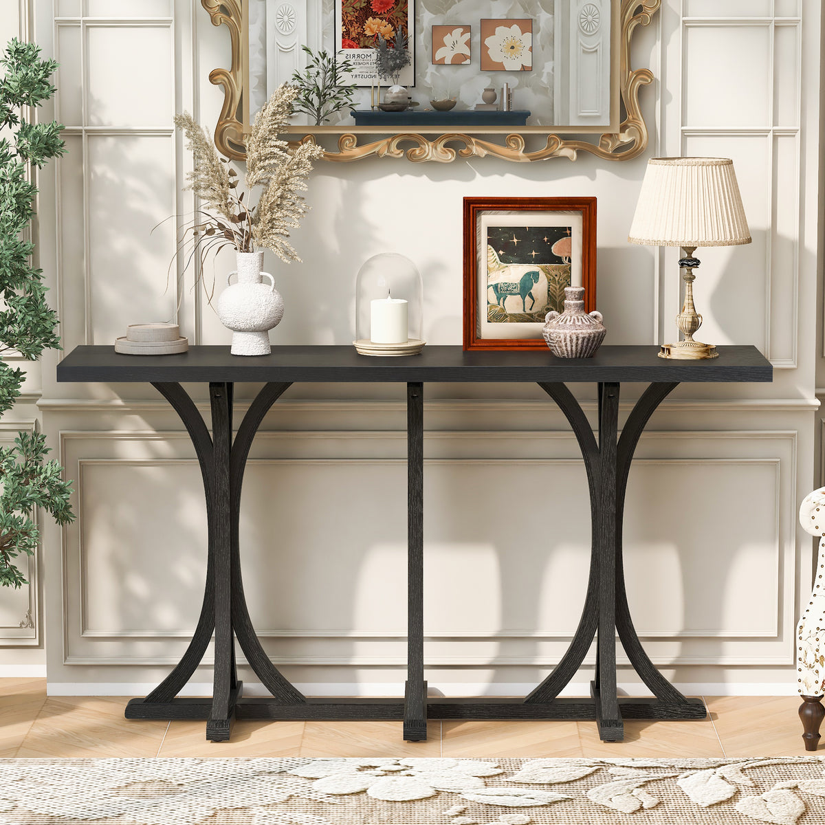 variant-group:rf-n711p295300b|Roomfitters 59.8" Console Table with Oak Veneer Top, Modern Arched Leg Entryway Sofa Table for Hallway & Living Room, Black