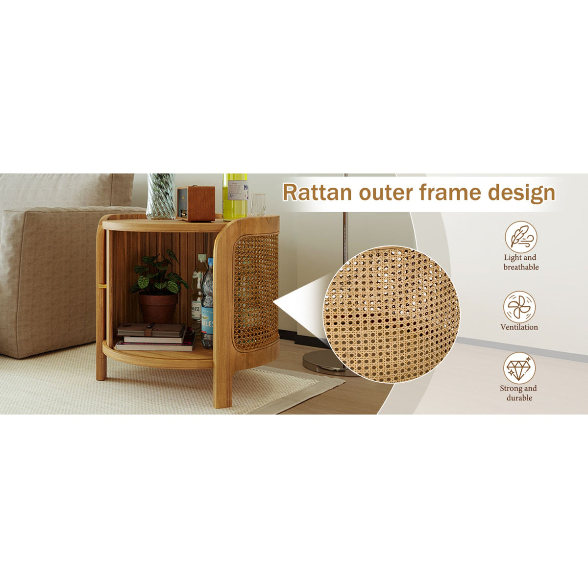 Roomfitters Modern Round Rotating Coffee Table with Woven PE Rattan Details, Antique Brown Roomfitters