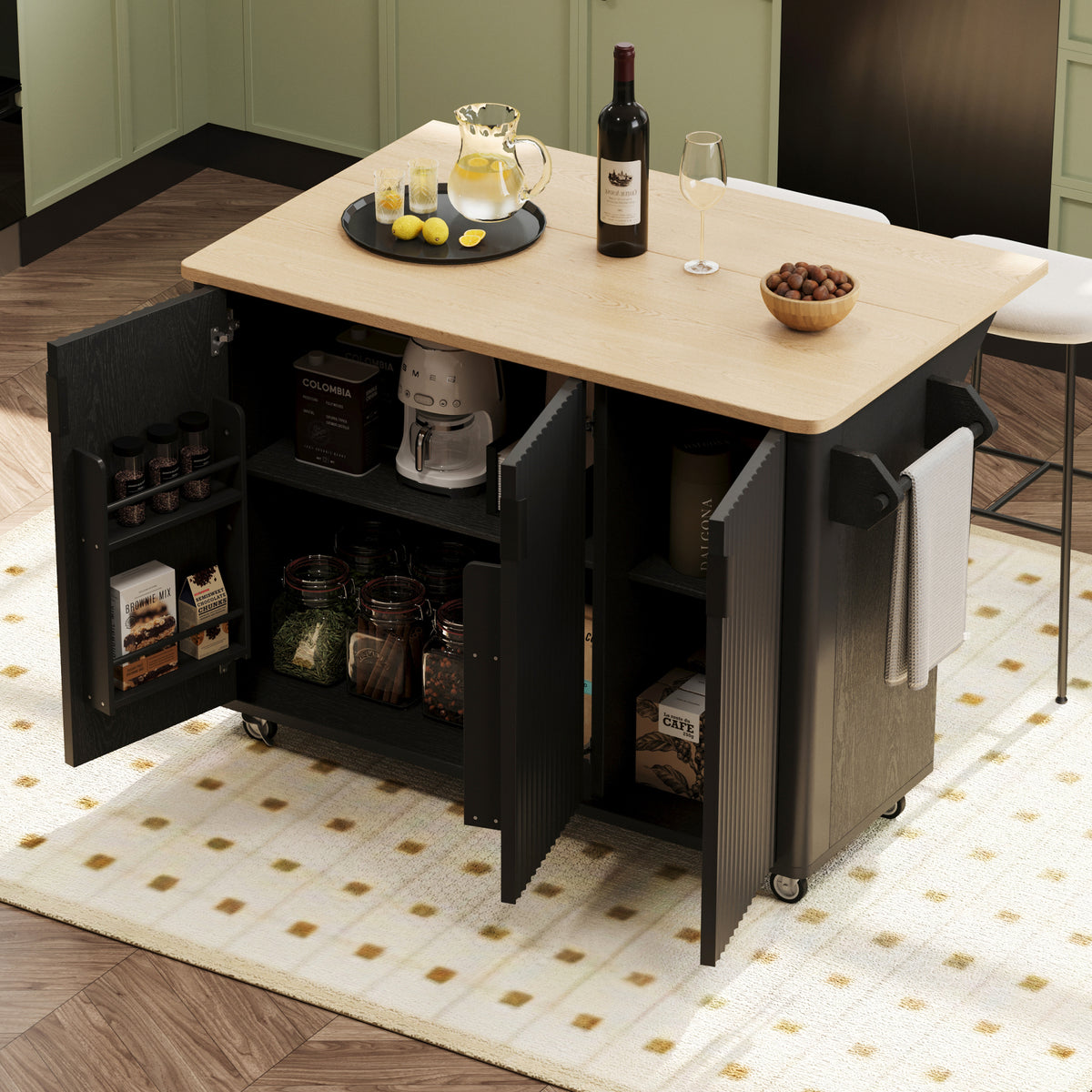 variant-group:rf-n707p221446b|Roomfitters 51" Fluted Kitchen Island with Drop Leaf, Rolling Cart with Storage Rack, Farmhouse Style, Towel Rack, Black