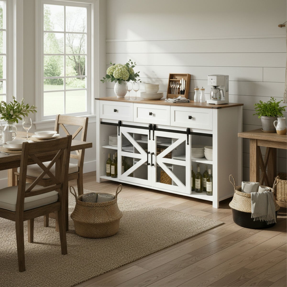 variant-group:rf-n711p347384k|Roomfitters 55" Sideboard Buffet Cabinet with 3 Drawers and Sliding Barn Doors, Farmhouse Storage for Kitchen & Dining, White