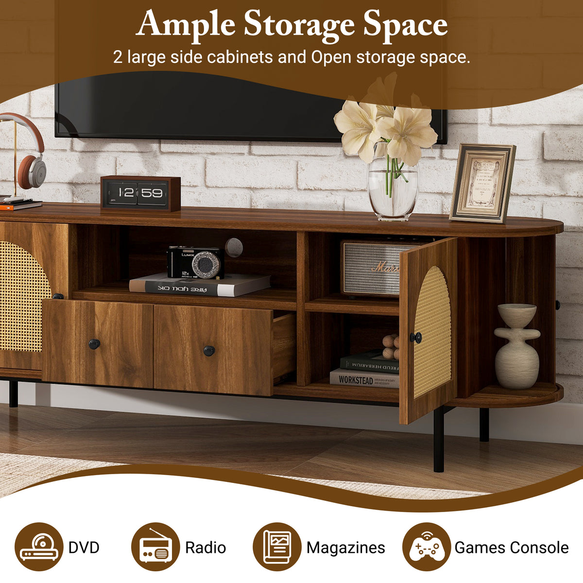 variant-group:rf-n724p437189m|Roomfitters American Style TV Stand with Rattan Arched Doors, Steel Legs, Antique Brown
