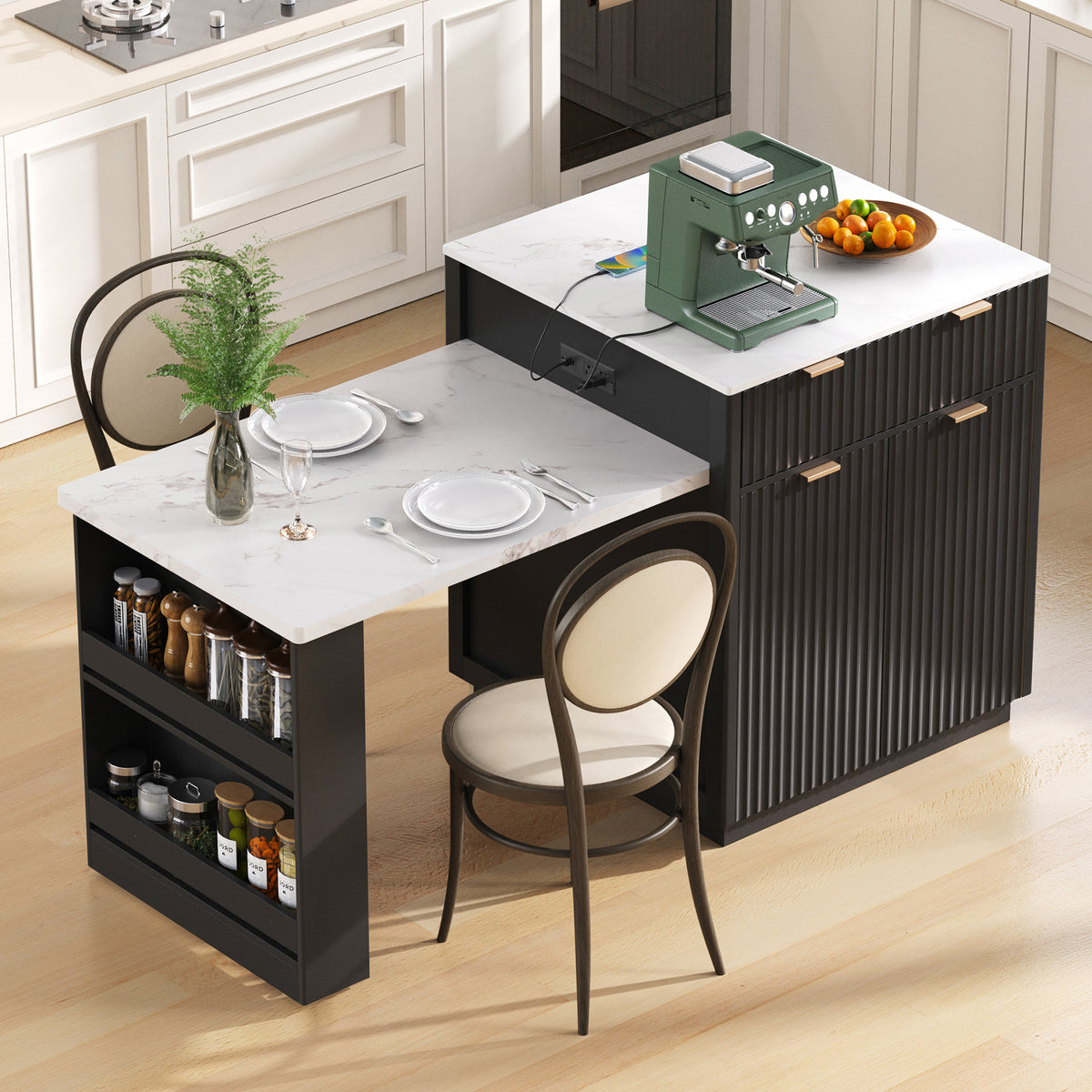 variant-group:rf-n707s000018b|Roomfitters 82.6" Fluted Kitchen Island with 51" Extendable Dining Table for 4-6, Power Outlet, Black