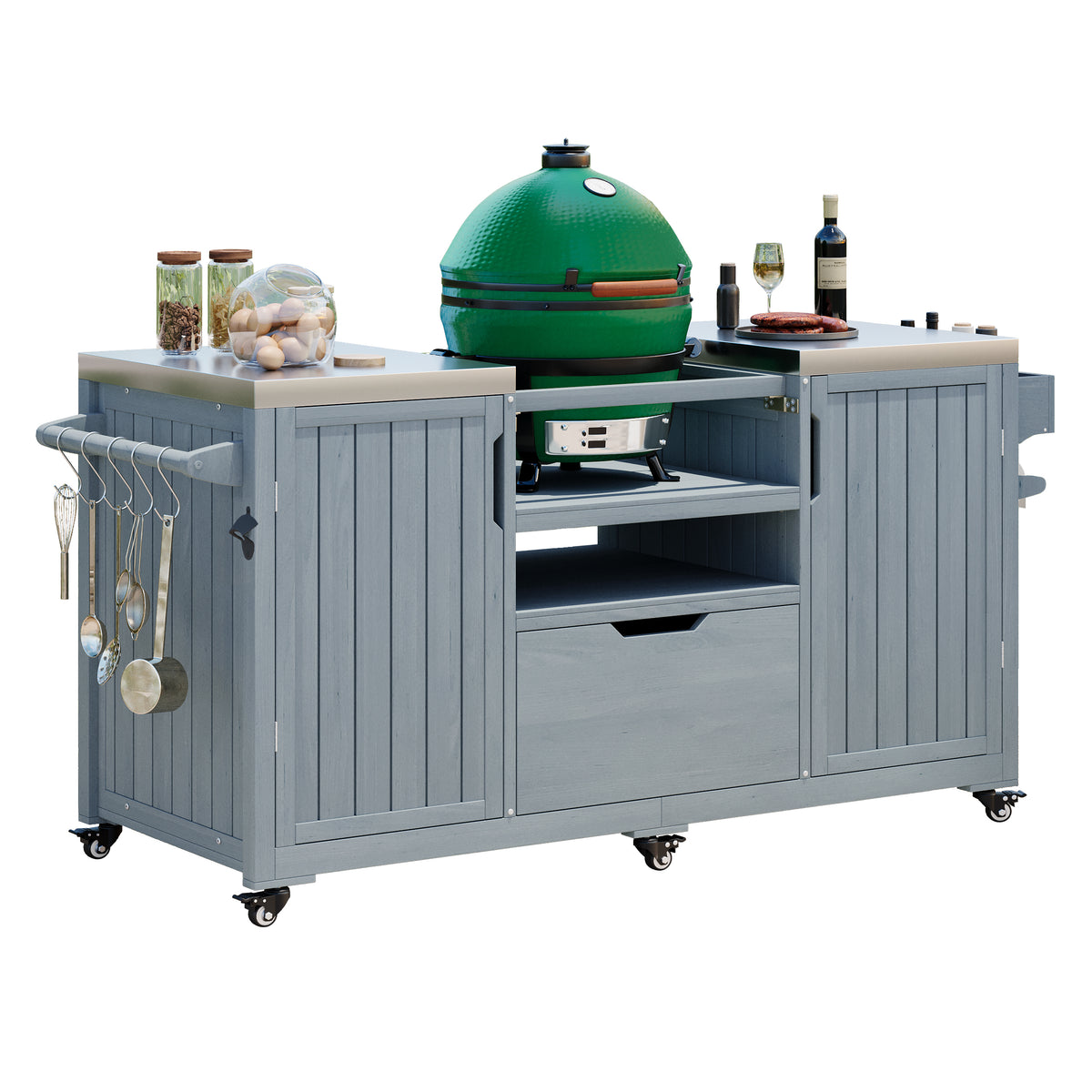variant-group:rf-n707p250629g|Roomfitters 66.5" Outdoor Kitchen Island for Big Kamado Grills, Wood Grill Cart with Stainless Steel Top, Storage, Grey Blue