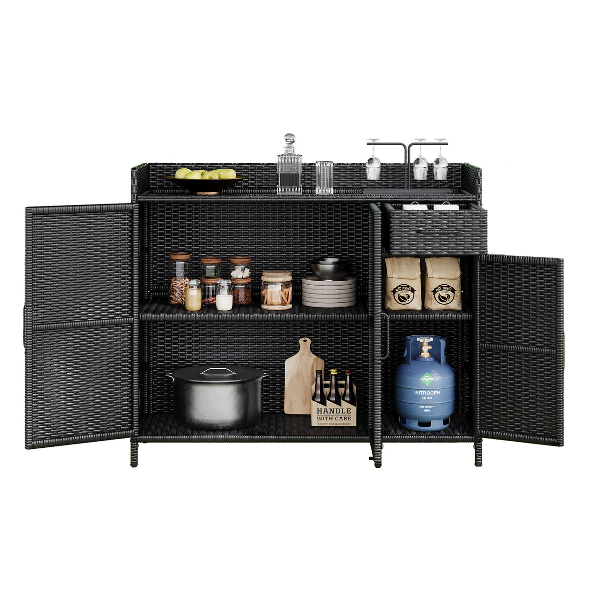 variant-group:rf-n707p233745b|Roomfitters 47.5" Wicker Outdoor Storage Cabinet, Rattan Bar Table with Glass Top, Adjustable Shelf, 3 Doors, Black Brown