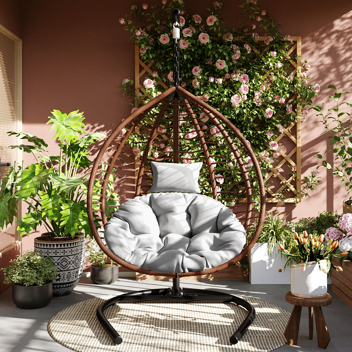 variant-group:rf-n711p389502g|Roomfitters Indoor Outdoor Hanging Egg Hammock Chair with Stand, Wicker Rattan Swing for Patio and Bedroom, Brown+Gray