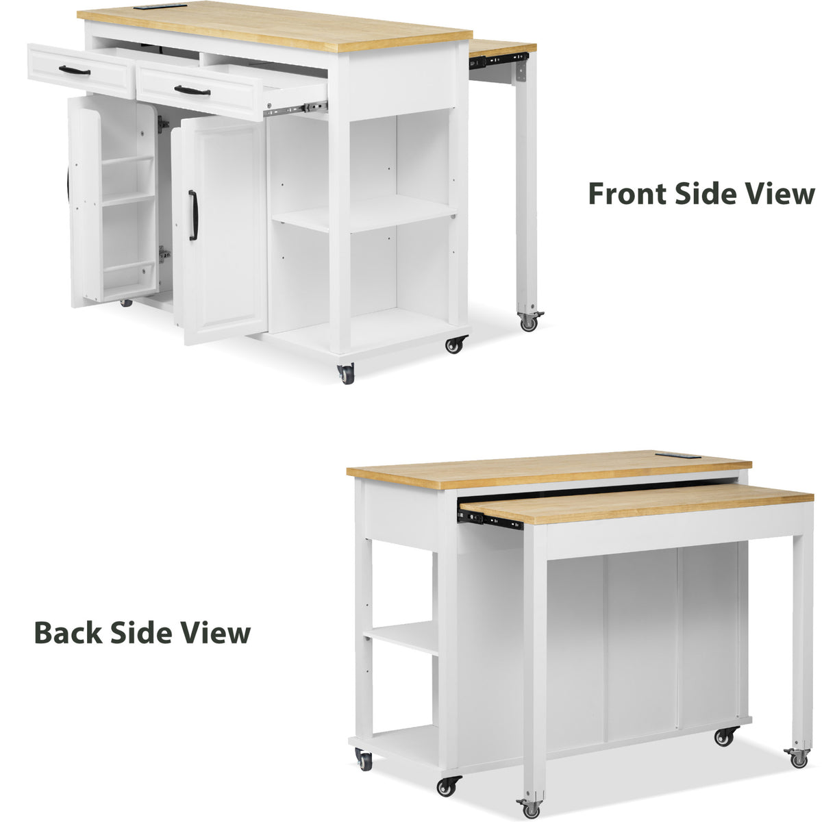 variant-group:rf-n707p215327w|Roomfitters 47" Kitchen Island with Extendable Dining Table, Storage Cabinet, Power Outlet, Rubber Wood Veneer, White