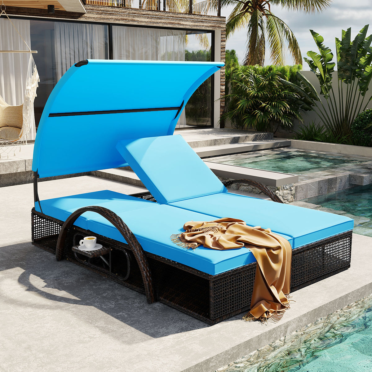 variant-group:rf-n711wy000485aac|Roomfitters Blue HDPE Wicker Outdoor Double Sunbed, Steel Frame Patio Chaise, Hidden Side Tables, Canopy Shade