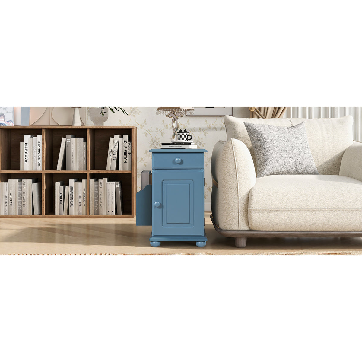 variant-group:rf-n724p293133m|Roomfitters Vintage Sofa Side Table with USB Ports, Flip Top, Cup Holders and Bookshelf Storage for Small Spaces, Navy Blue