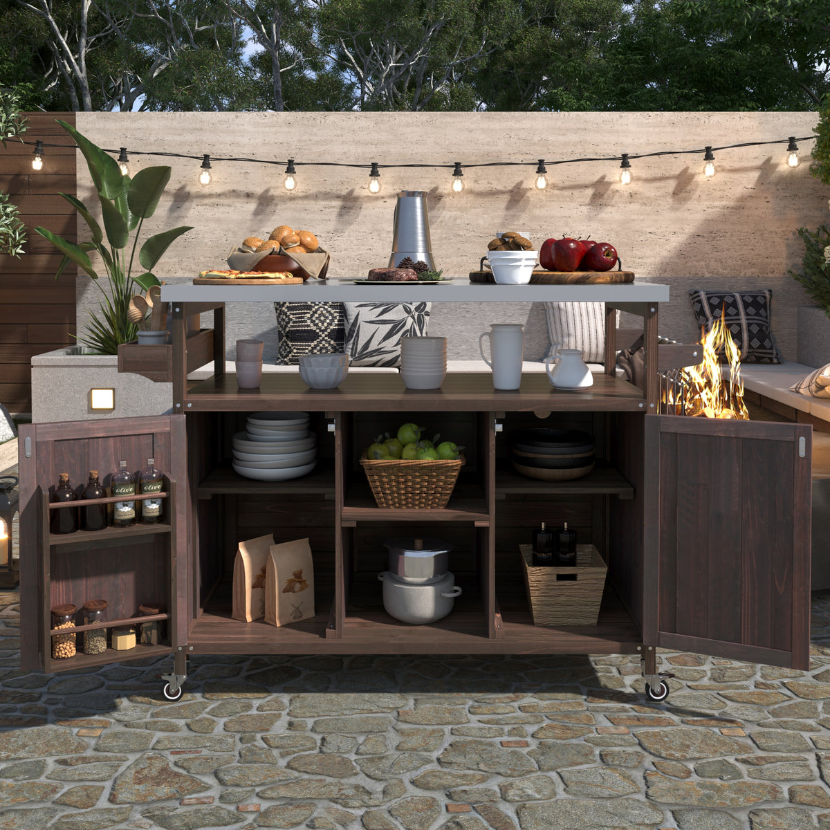 variant-group:rf-n707wf532198aaz|Roomfitters Outdoor Kitchen Island Rolling Bar Cart & Storage Cabinet, Farmhouse Solid Wood Outdoor Grill Table with Stainless Steel Top, Spice Rack, Towel Rack for Kitchen & Barbecue, Dark Brown