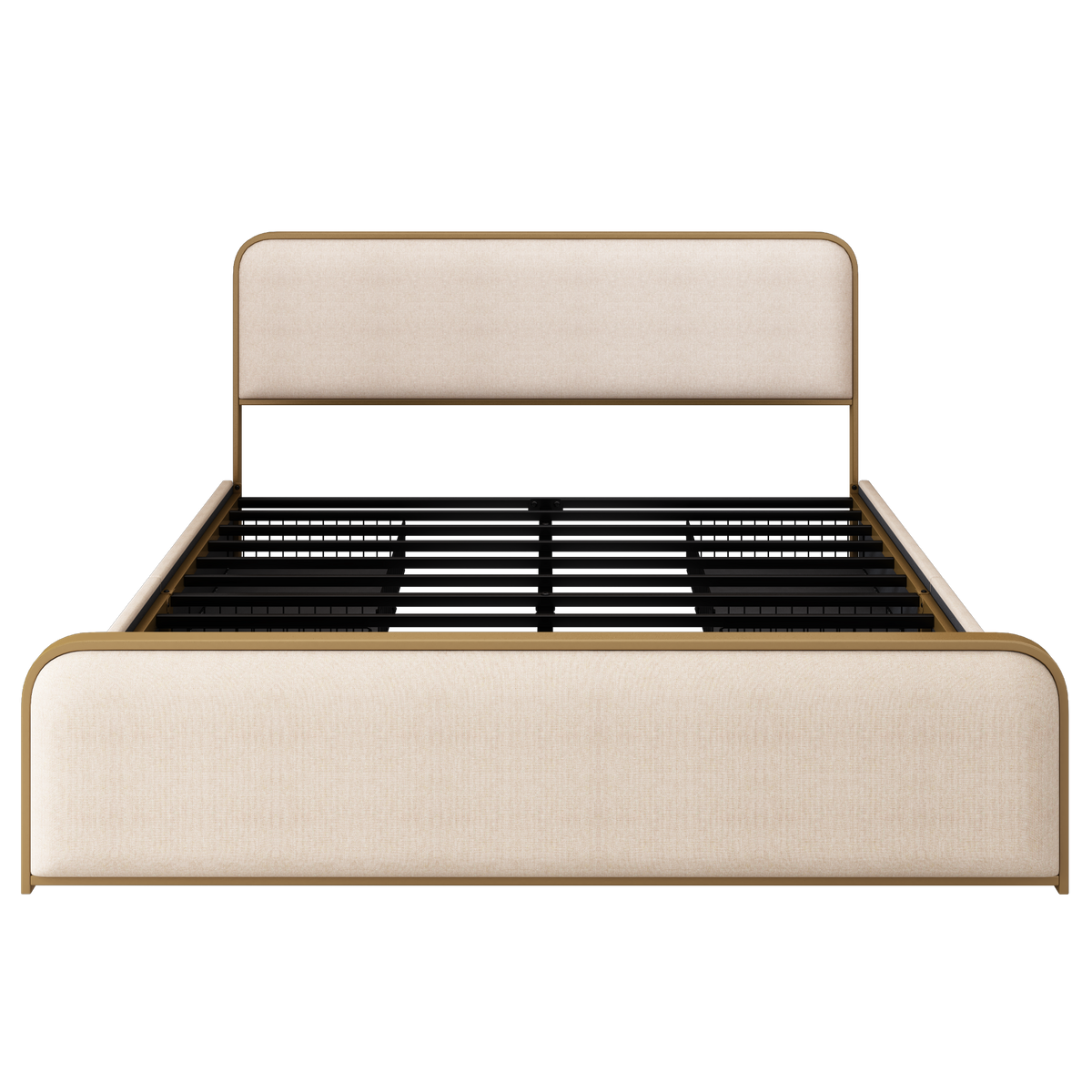 variant-group:rf-n701p229017c|Roomfitters King Size Upholstered Platform Bed Frame with Gold Metal Trim, Padded Curved Headboard & Footboard, Beige+Gold
