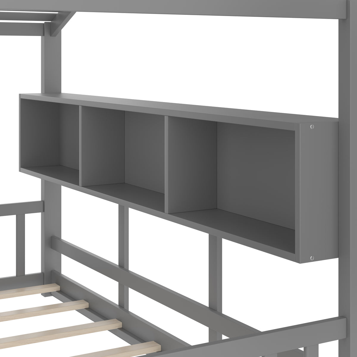 variant-group:rf-n733p335068e|Roomfitters Full Size Floor House Bed with Storage Shelf and Roof Design, Montessori Playhouse Bed, Gray