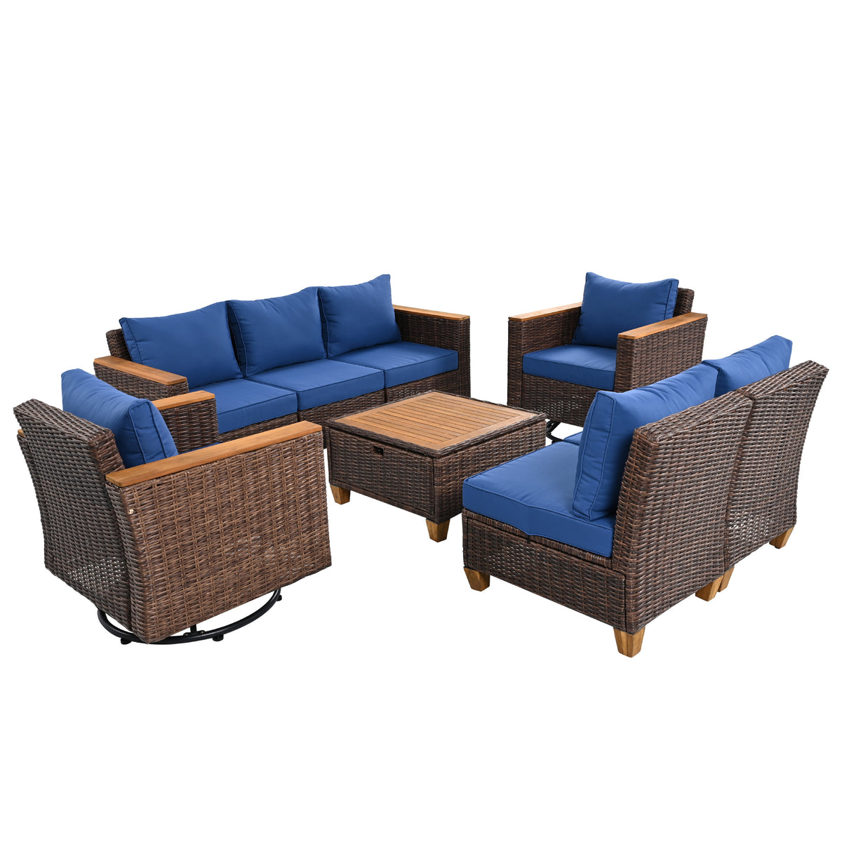 variant-group:rf-n707s005016e|Roomfitters 8-Piece Patio Furniture Set with 360 Swivel Rocker Chairs, Modular Outdoor Sectional Sofa & Table, Blue+Brown