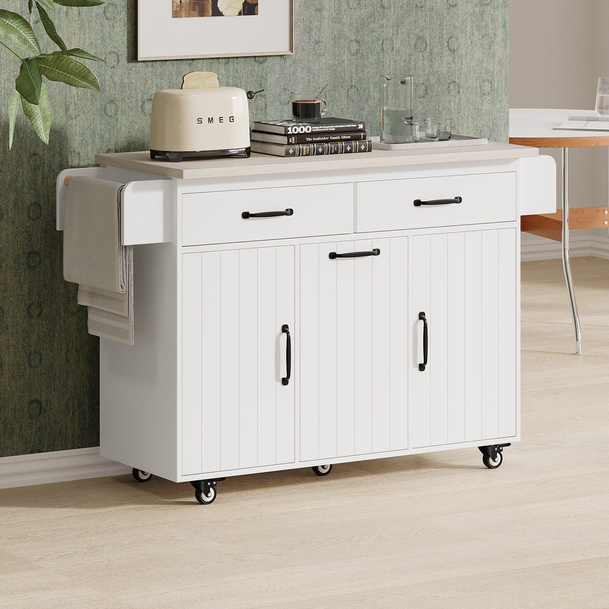 variant-group:rf-n707wf326381aaw|Roomfitters Kitchen Island with Trash Can Storage Cabinet, Grey - Drop Leaf, Spice Rack, Towel Rack, Drawer, Adjustable Shelf, Rolling Island on Wheels, Ameican White Oak