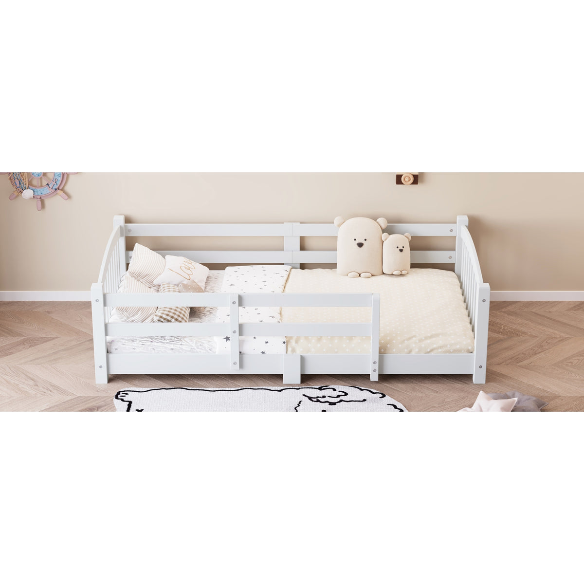 variant-group:rf-n733p400298k|Roomfitters Twin Montessori Floor Bed with Guardrails, Solid Wood Low Platform Bed with Slats, Easy Assembly, White
