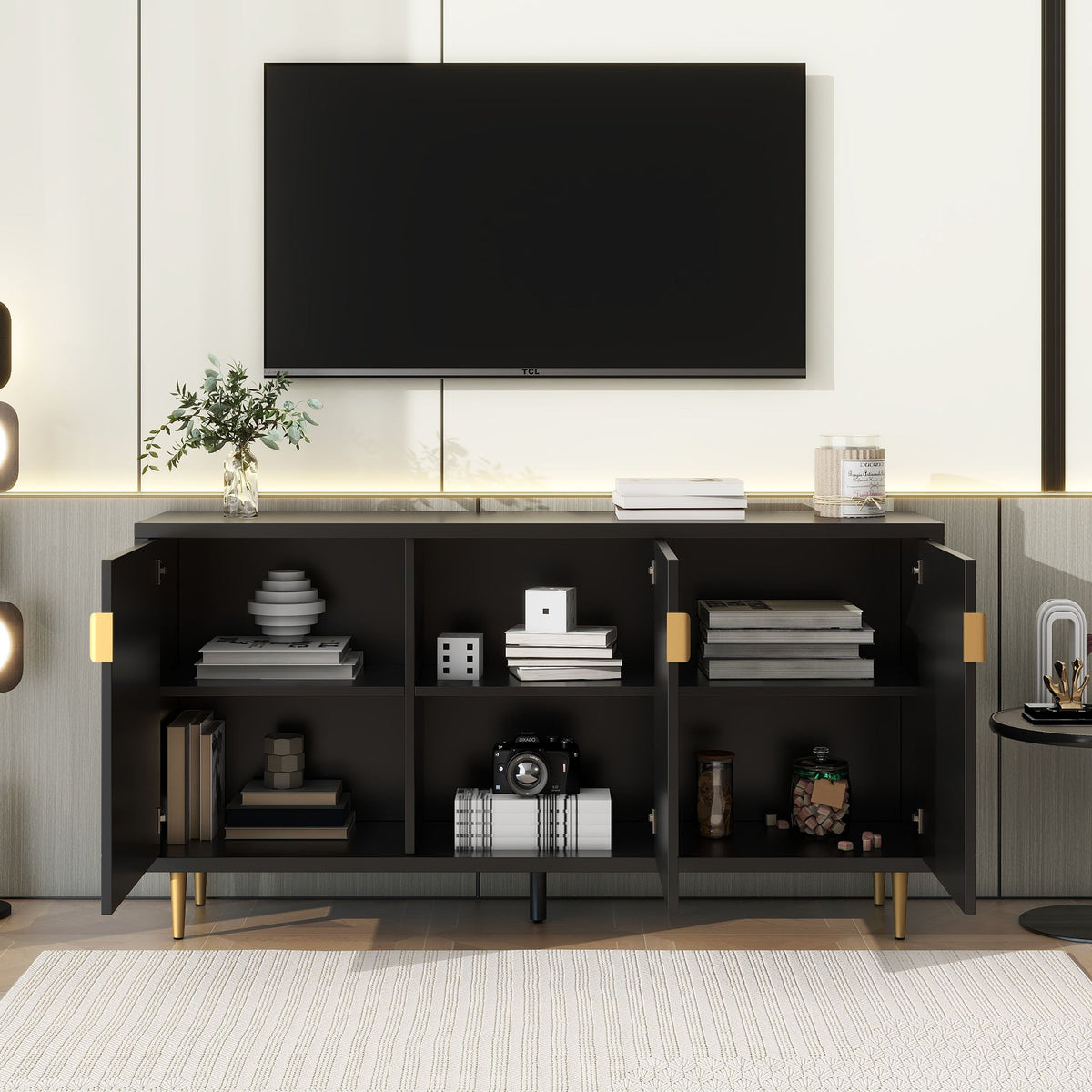 Roomfitters Modern TV Stand with 3 Doors and Adjustable Storage Shelves, Fits TVs up to 70 Inches, Black Roomfitters