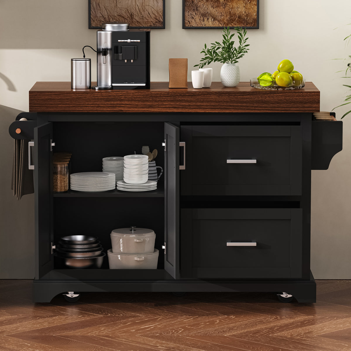 variant-group:rf-n707s000025b|Roomfitters 53" Kitchen Island with Butcher Block Top, Storage Cabinet with Drawers, Spice Rack and Towel Holder, Black