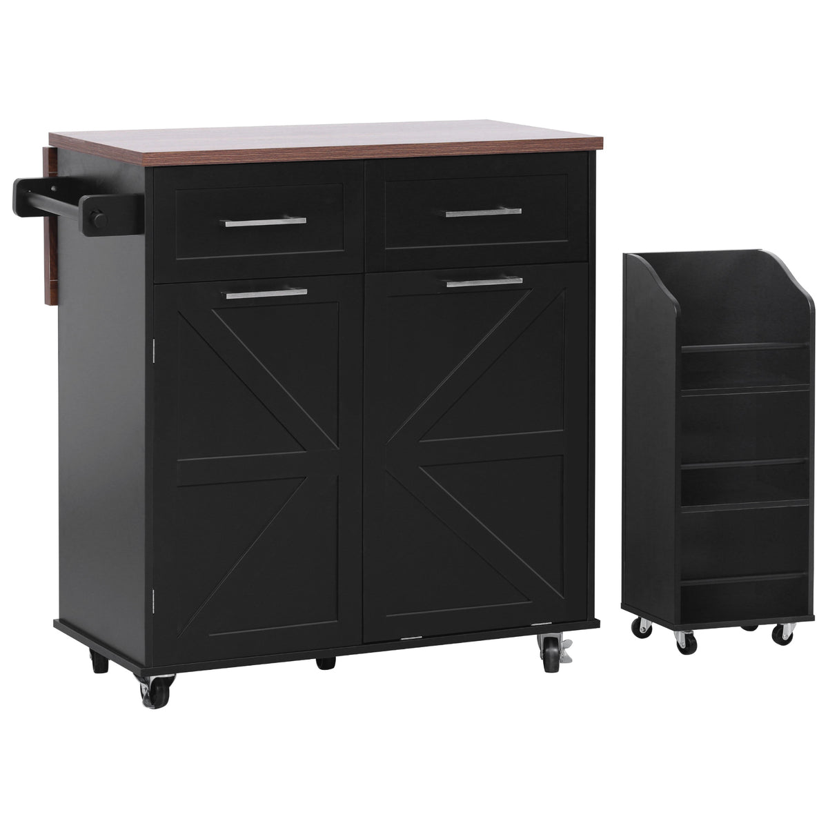 variant-group:rf-n707p307296b|Roomfitters 47.2" Farmhouse Kitchen Island with Drop Leaf, Tilt Trash Can Cabinet, Removable Mobile Side Racks, Black