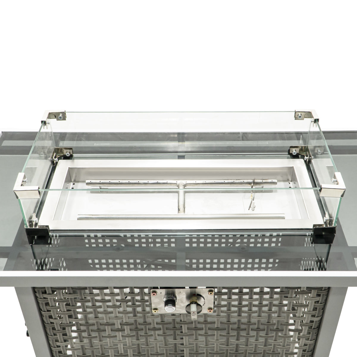 variant-group:rf-n707p210158g|Roomfitters 43" Propane Fire Pit Table, 60,000 BTU Rectangular Wicker Fire Pit with Glass Wind Guard for Patio, Grey