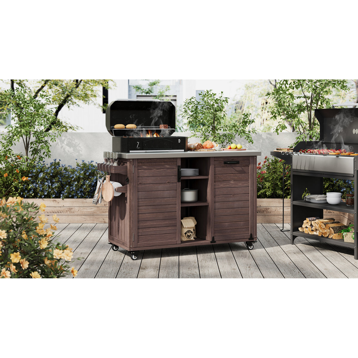 variant-group:rf-n707p370276z|Roomfitters 78.3" Outdoor Kitchen Island with Foldable Grill Table, Stainless Steel Top & Tilt Trash Can Storage, Dark Brown