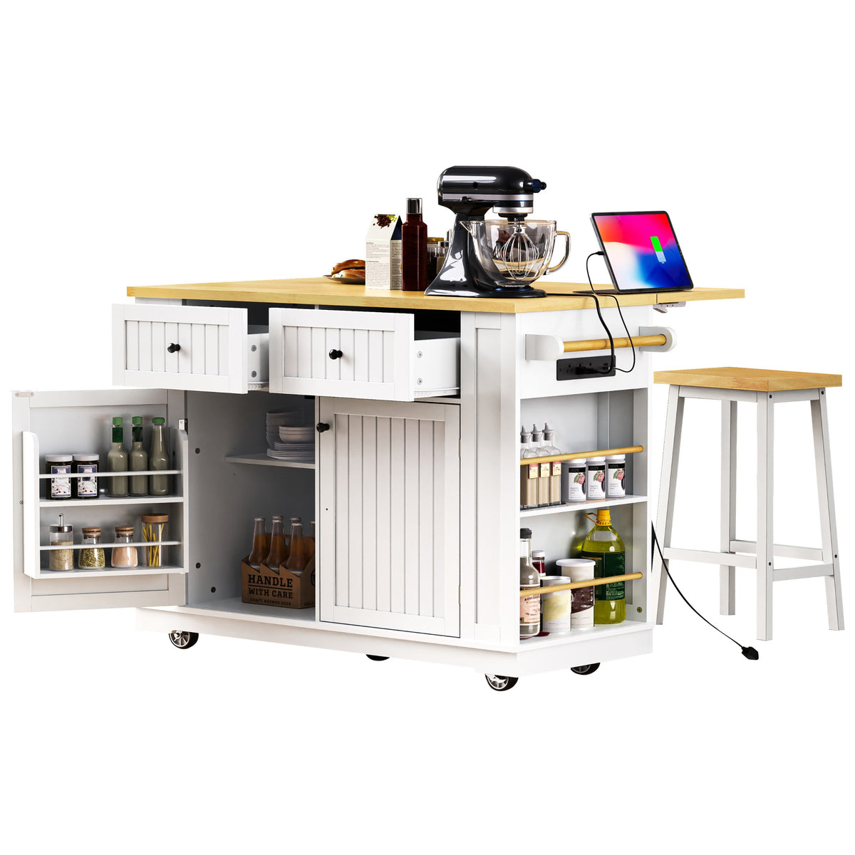 variant-group:rf-n707s257057w|Roomfitters 48" Kitchen Island with Power Outlet and Drop Leaf, Rolling Storage Cabinet with Wood Top and Spice Rack, White