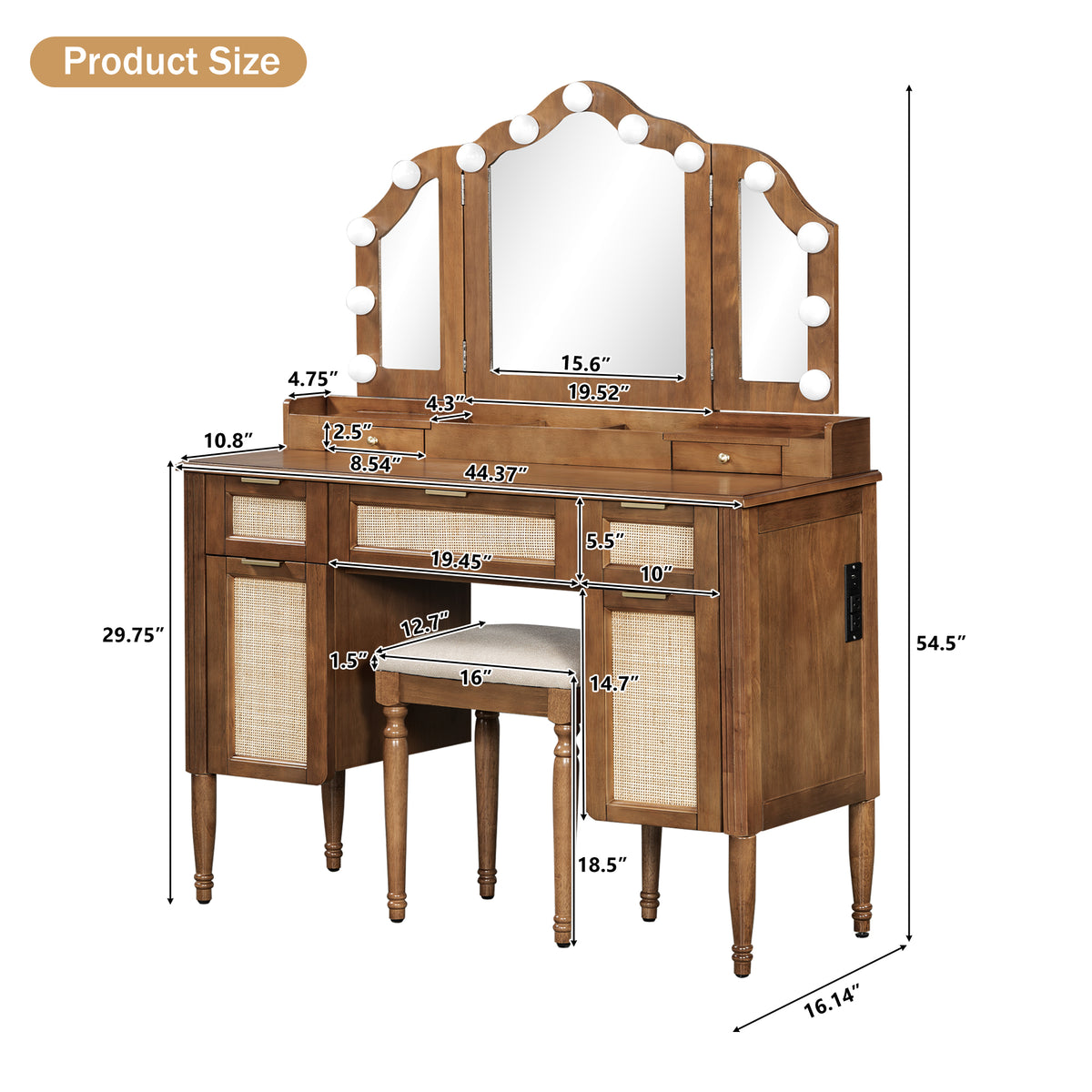 variant-group:rf-n704p342558p|Roomfitters 44-Inch Bohemian Makeup Vanity Desk with 13 Hollywood Bulbs Tri-Fold Mirror and Bamboo Drawers Espresso