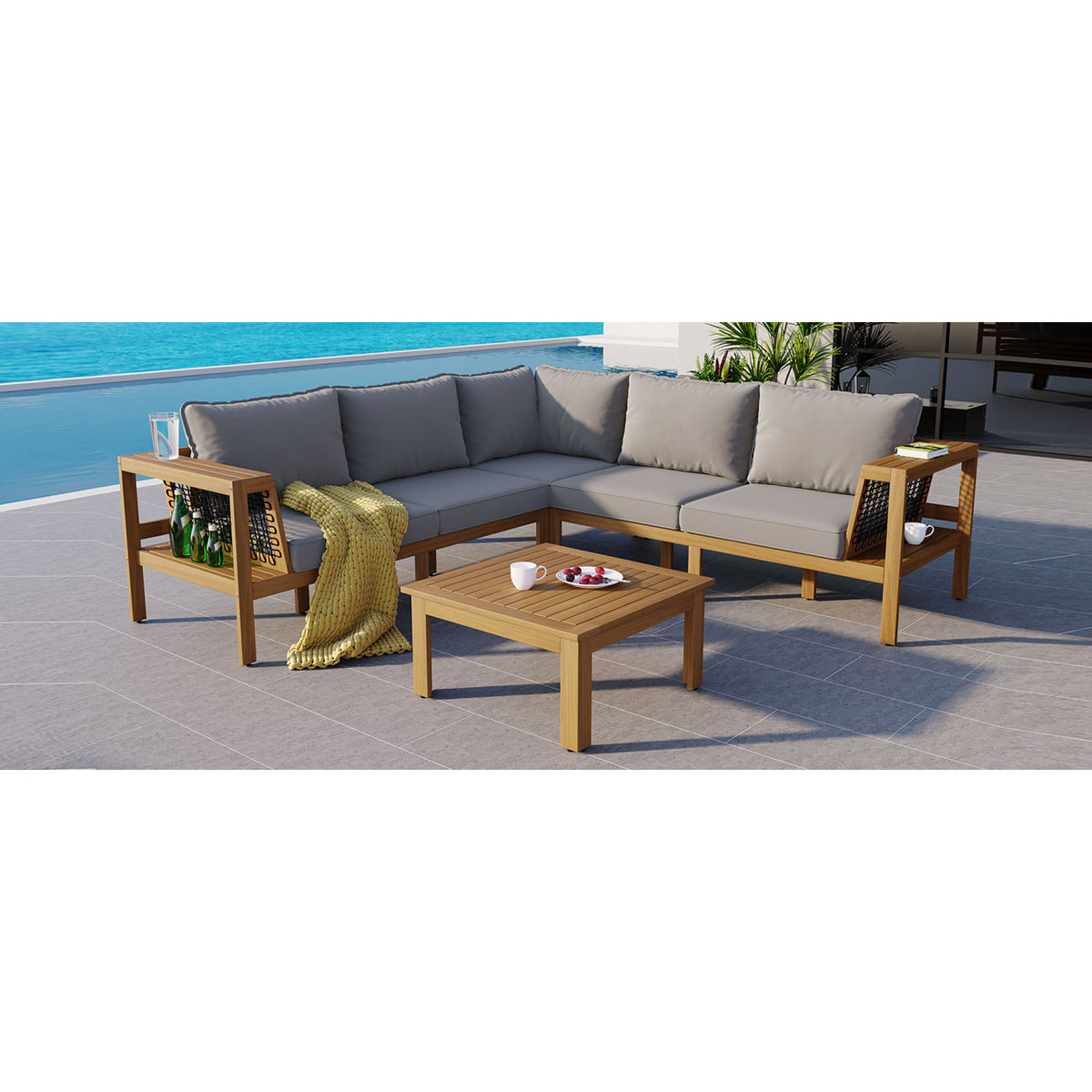 variant-group:rf-n704f201249e|Roomfitters 4-Piece Outdoor Sectional Sofa Set with Coffee Table and Built-in Side Shelves, Wood Frame, Gray+Natural